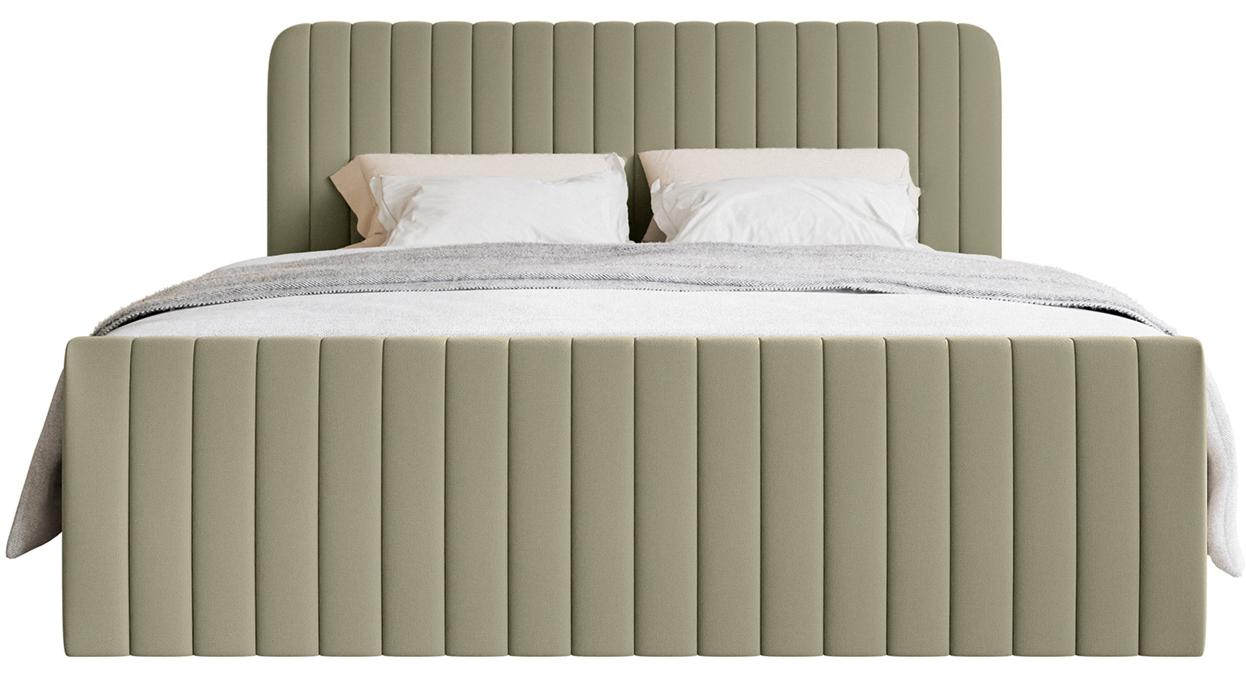 Kontinentales Bett 200x200 cm Saliano mit Stauraum und Topper, olivfarbenes hydrophobes Chenille