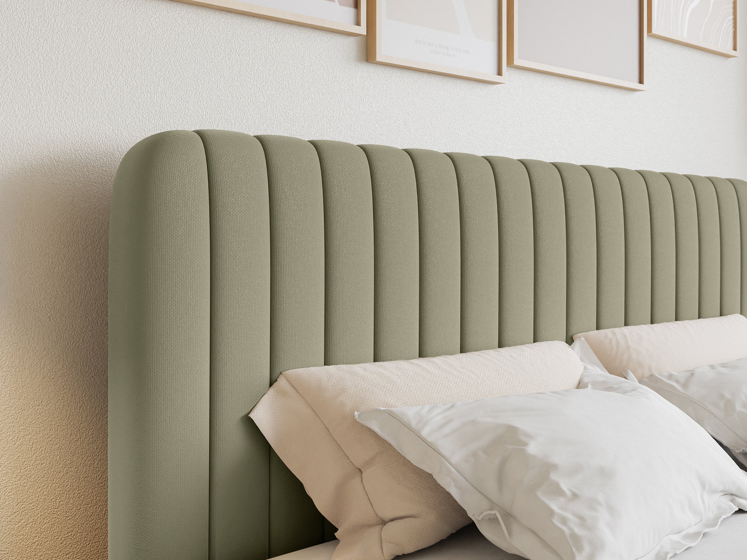 Kontinentales Bett 200x200 cm Saliano mit Stauraum und Topper, olivfarbenes hydrophobes Chenille