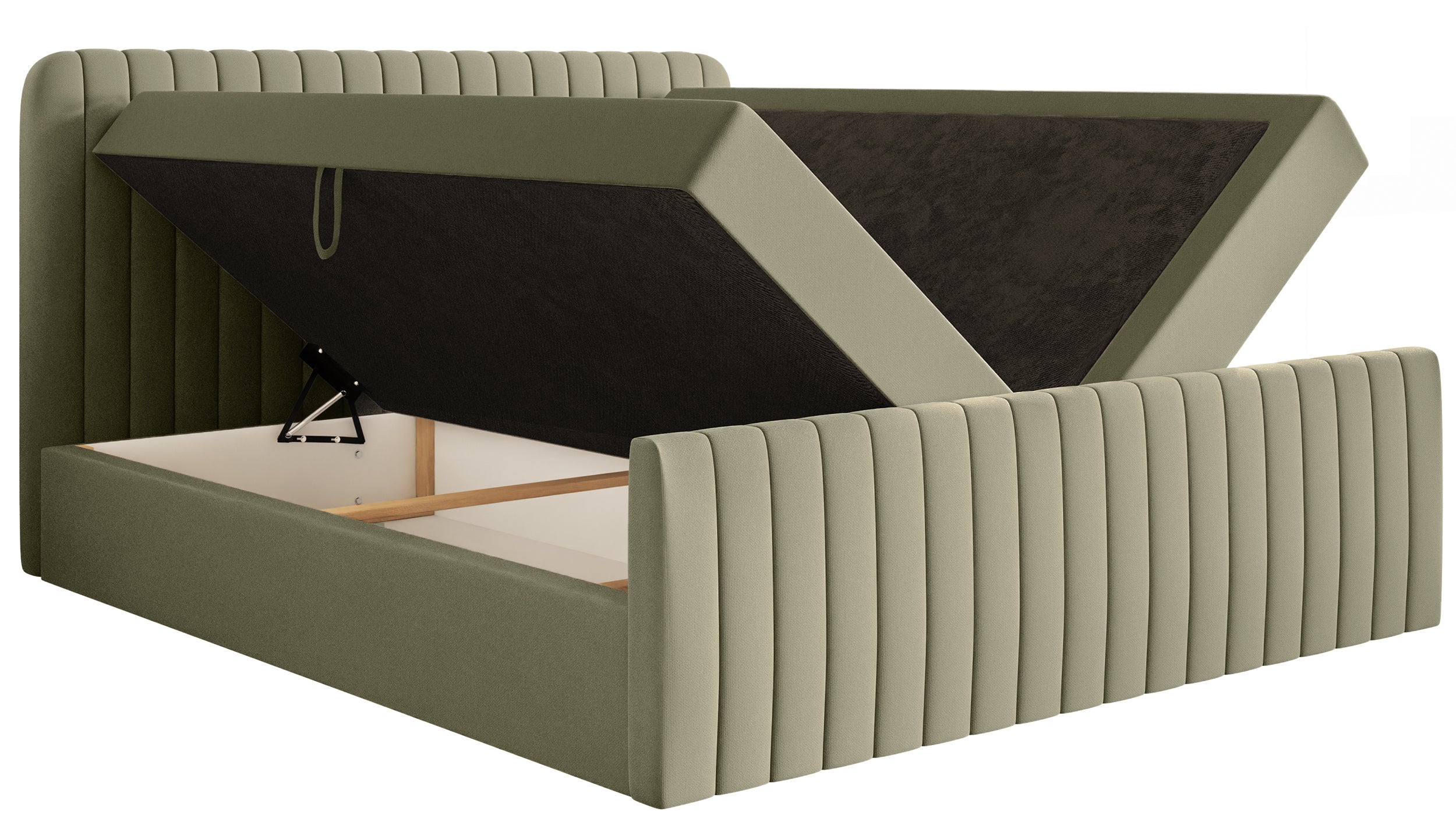 Kontinentales Bett 200x200 cm Saliano mit Stauraum und Topper, olivfarbenes hydrophobes Chenille