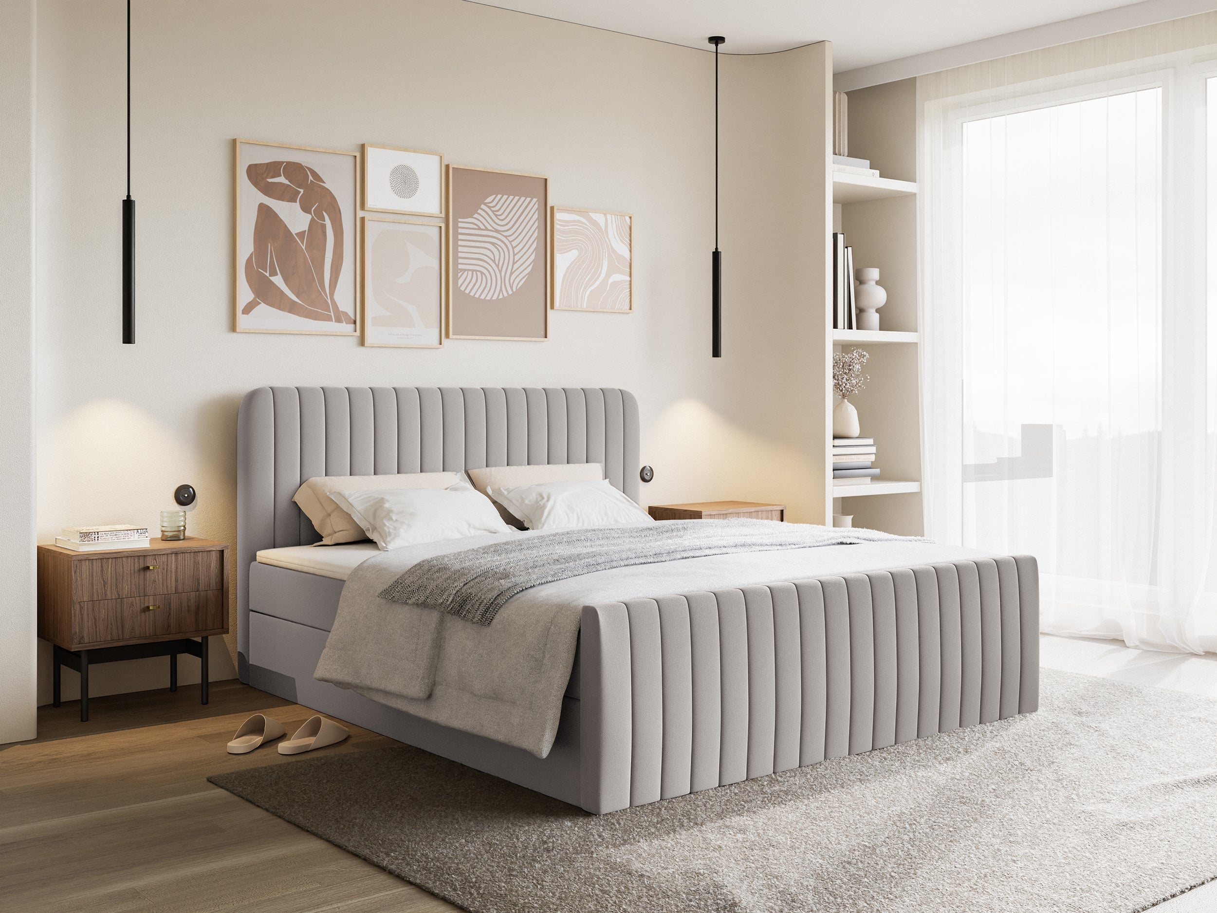 Kontinentales Bett 180x200 cm Saliano mit Stauraum und Topper, grau-beige Chenille, wasserabweisend