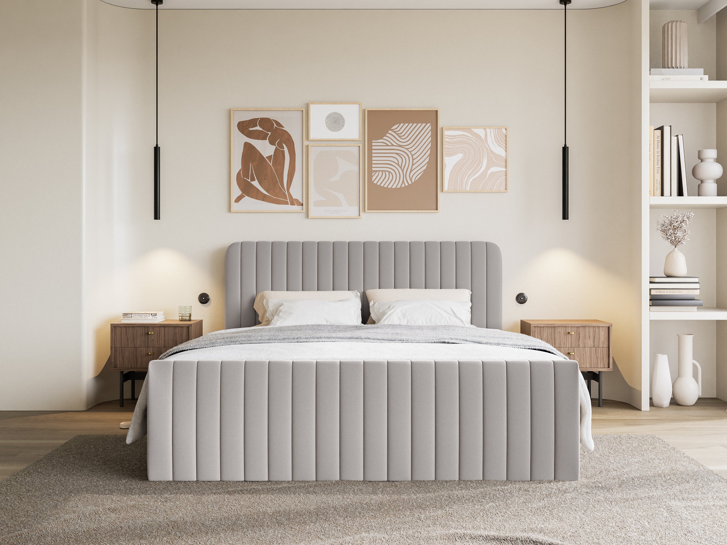 Kontinentales Bett 180x200 cm Saliano mit Stauraum und Topper, grau-beige Chenille, wasserabweisend