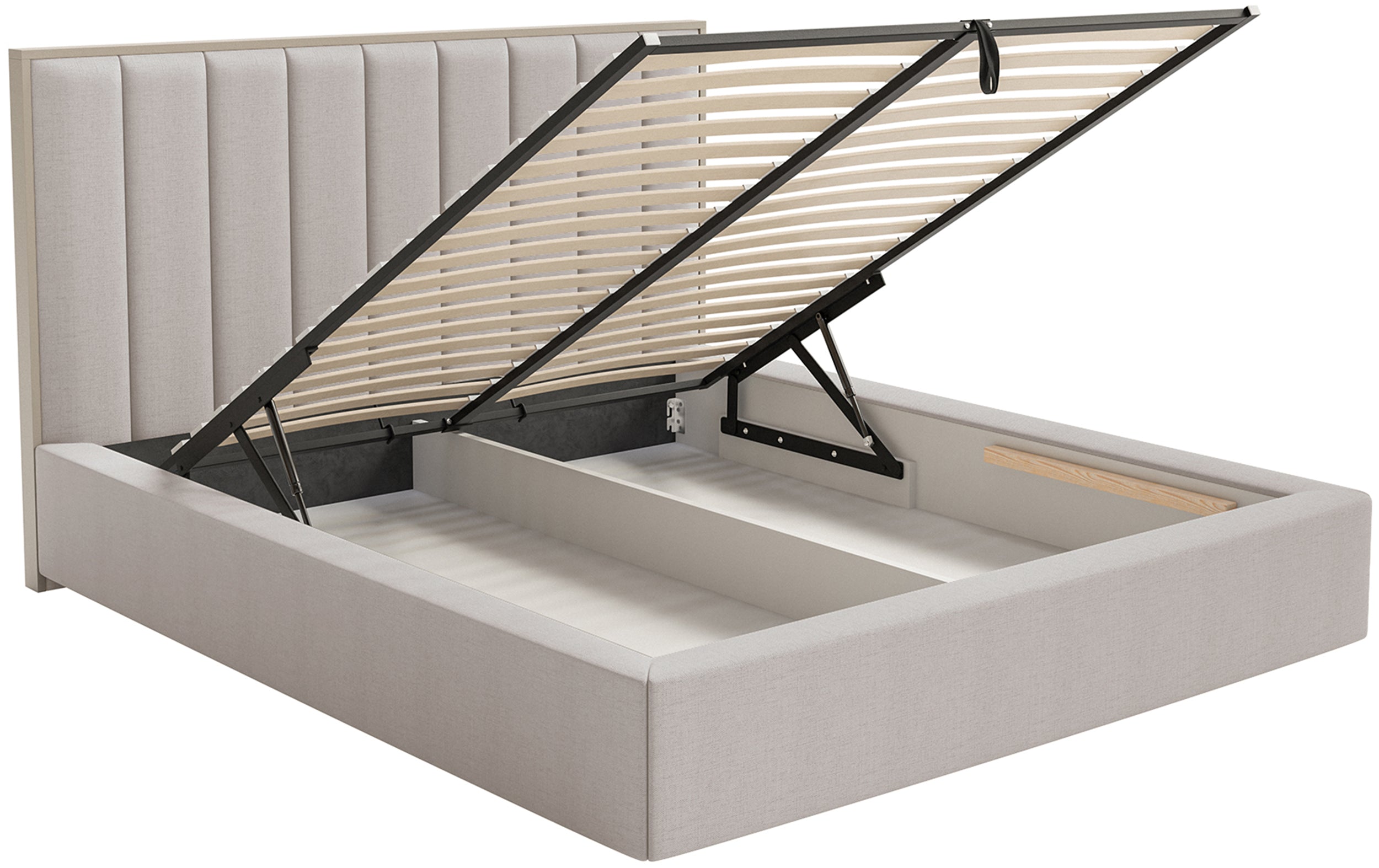 Gepolstertes Bett 160x200 cm Togents mit Stauraum und LED-Beleuchtung, Metallrahmen, grau-beiges hydrophobes Chenille