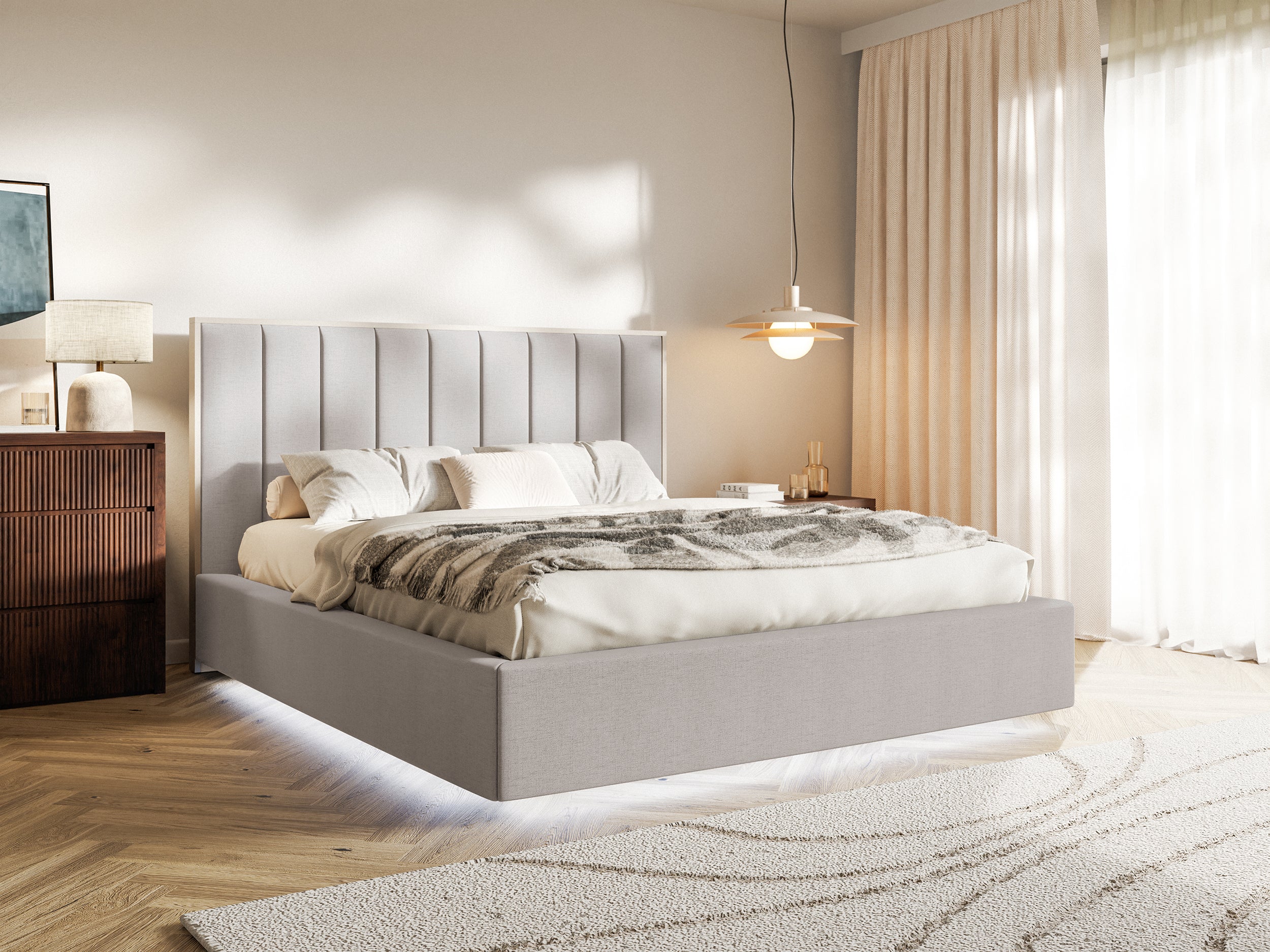 Gepolstertes Bett 140x200 cm Togents mit LED-Beleuchtung, grau-beiges hydrophobes Chenille