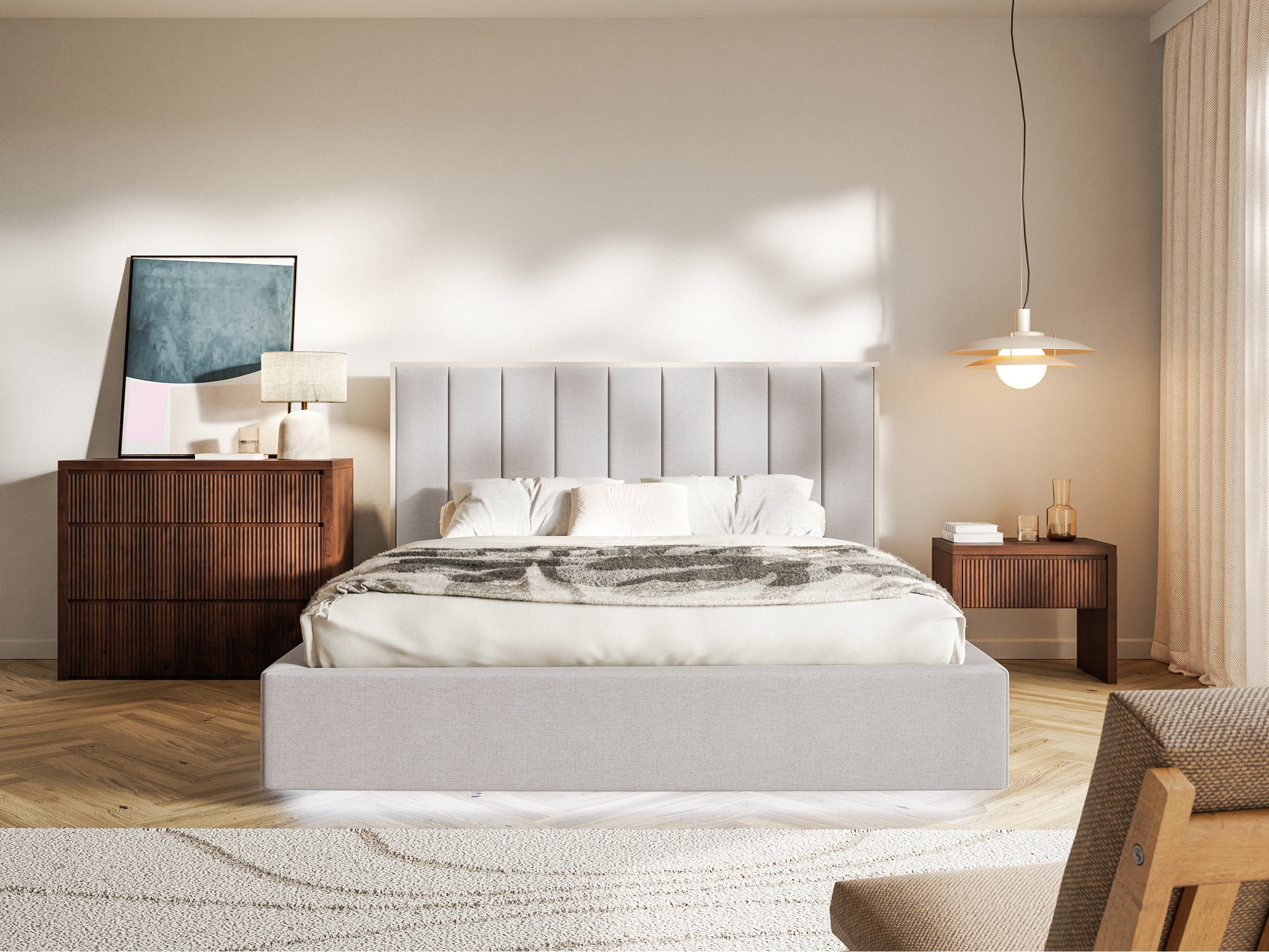 Gepolstertes Bett 140x200 cm Togents mit LED-Beleuchtung, grau-beiges hydrophobes Chenille