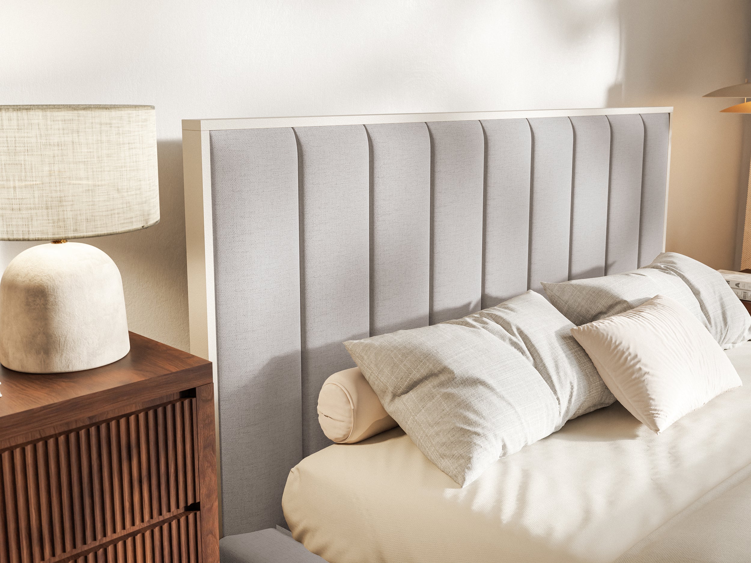Gepolstertes Bett 140x200 cm Togents mit LED-Beleuchtung, grau-beiges hydrophobes Chenille