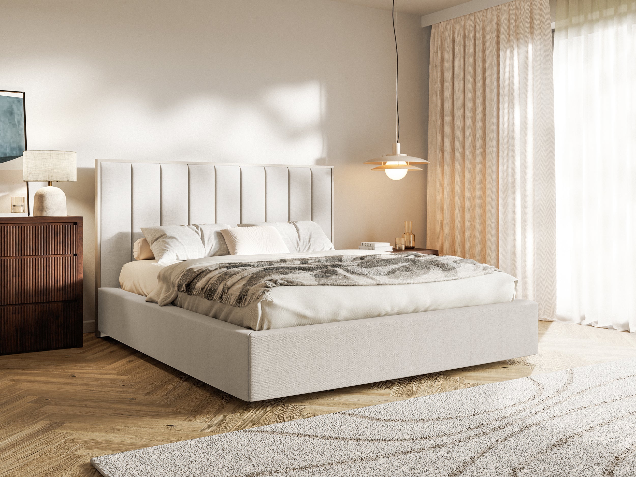 Polsterbett 160x200 cm Togents mit Stauraum, Metallrahmen, hellbeige hydrophobes Chenille