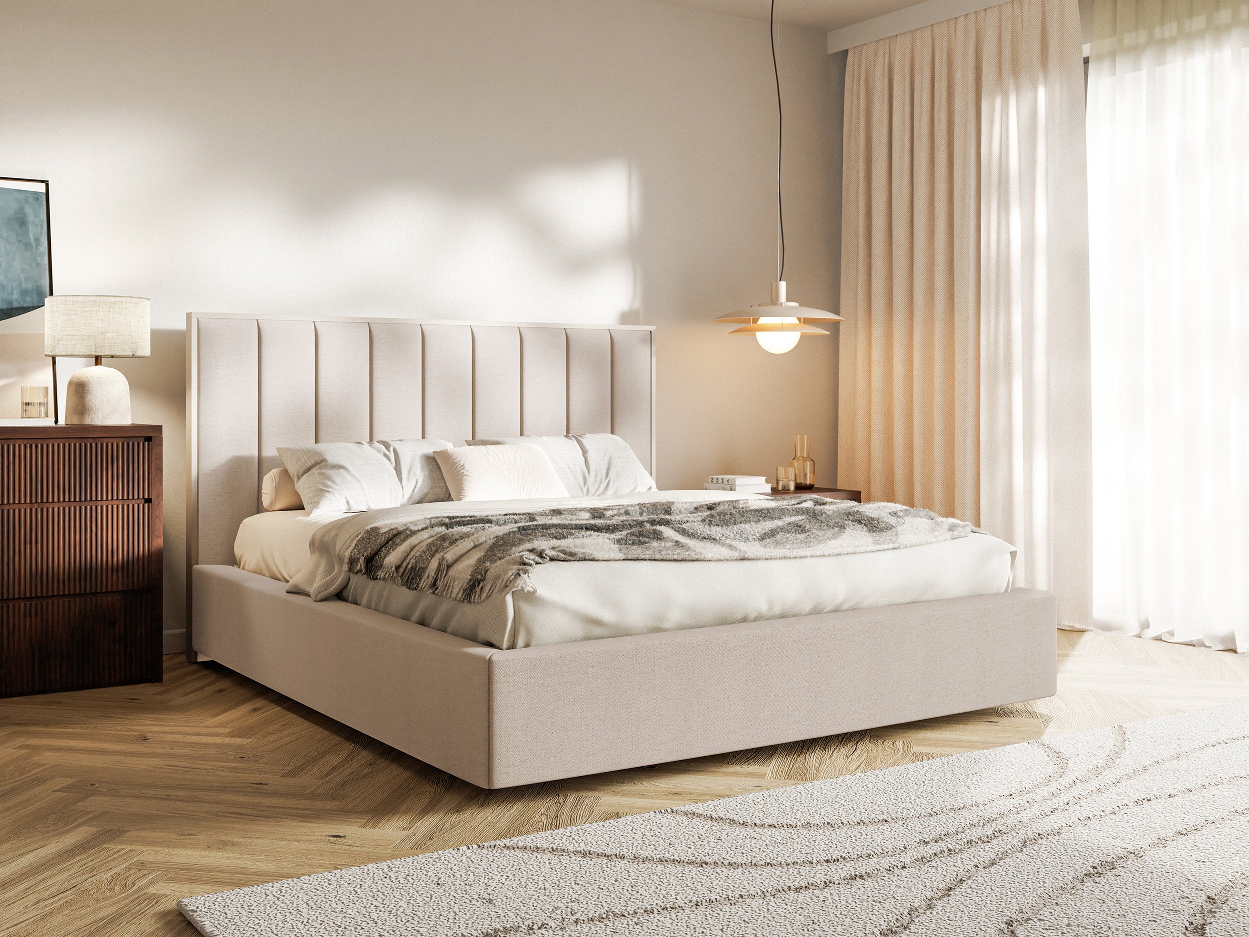 Polsterbett 180x200 cm Togents mit Stauraum, Metallrahmen, beige, hydrophobes Chenille