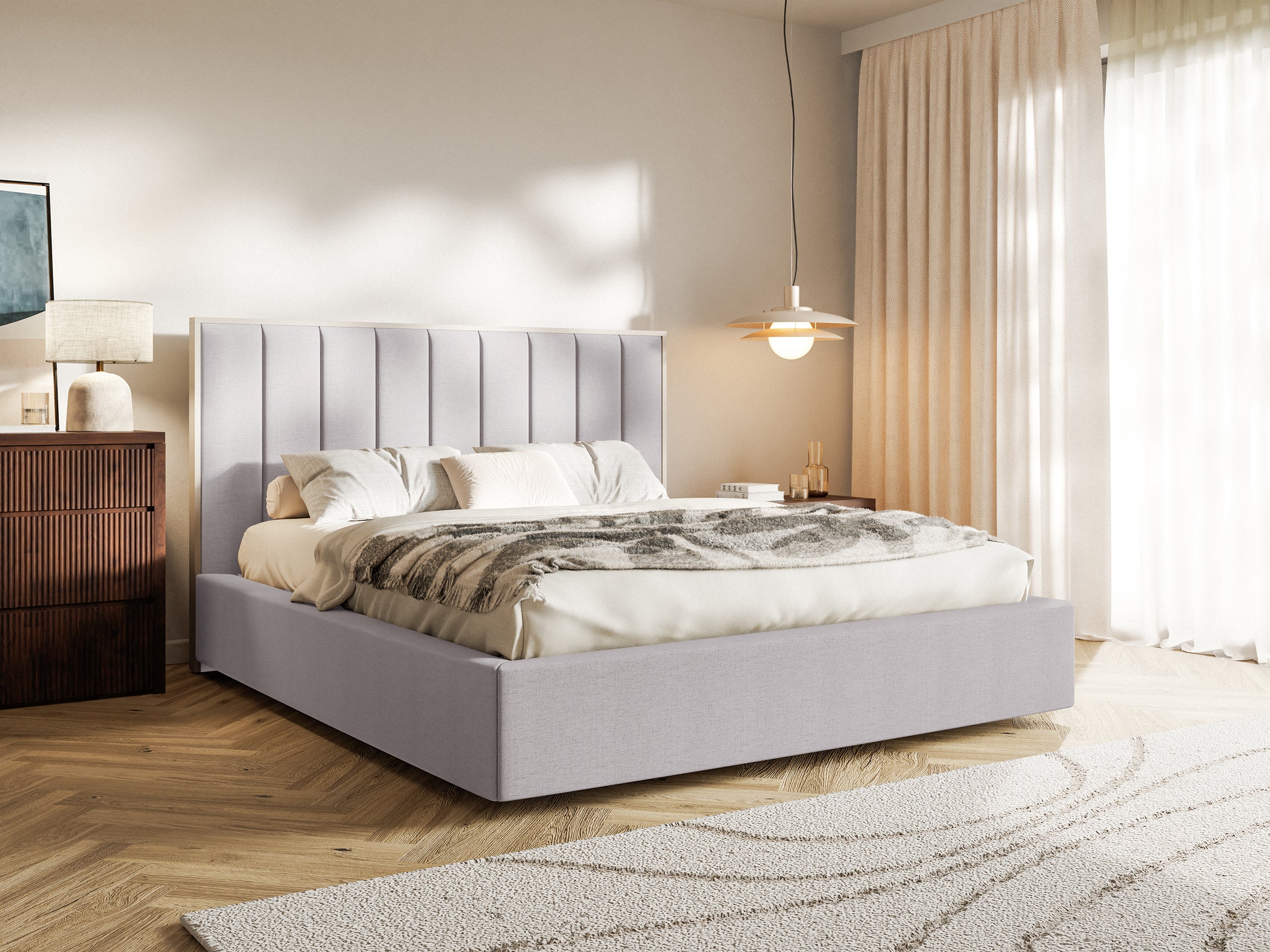 Gepolstertes Bett 140x200 cm Togents mit Stauraum, Metallrahmen, grauer hydrophober Chenille