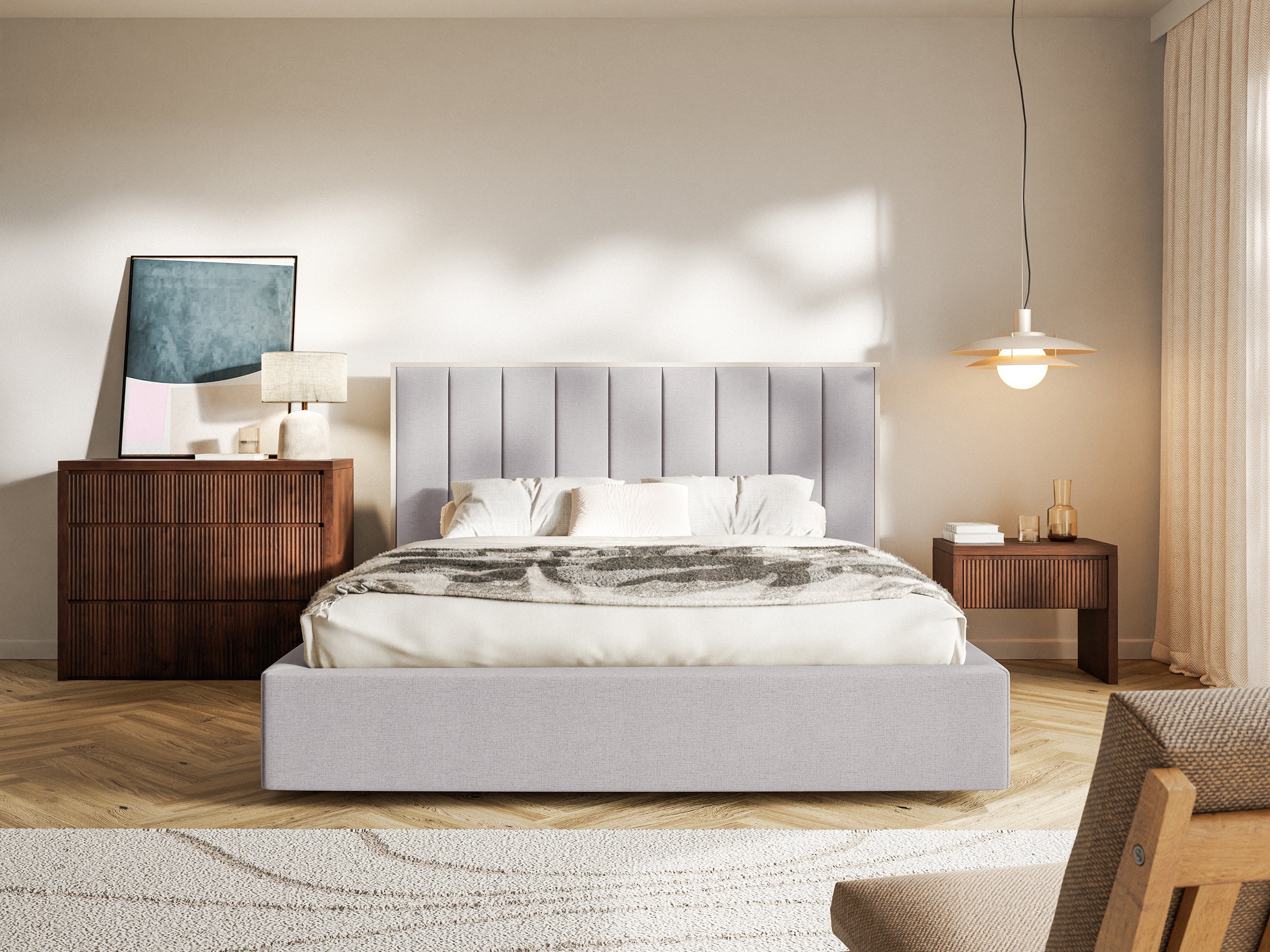 Gepolstertes Bett 140x200 cm Togents mit Stauraum, Metallrahmen, grauer hydrophober Chenille