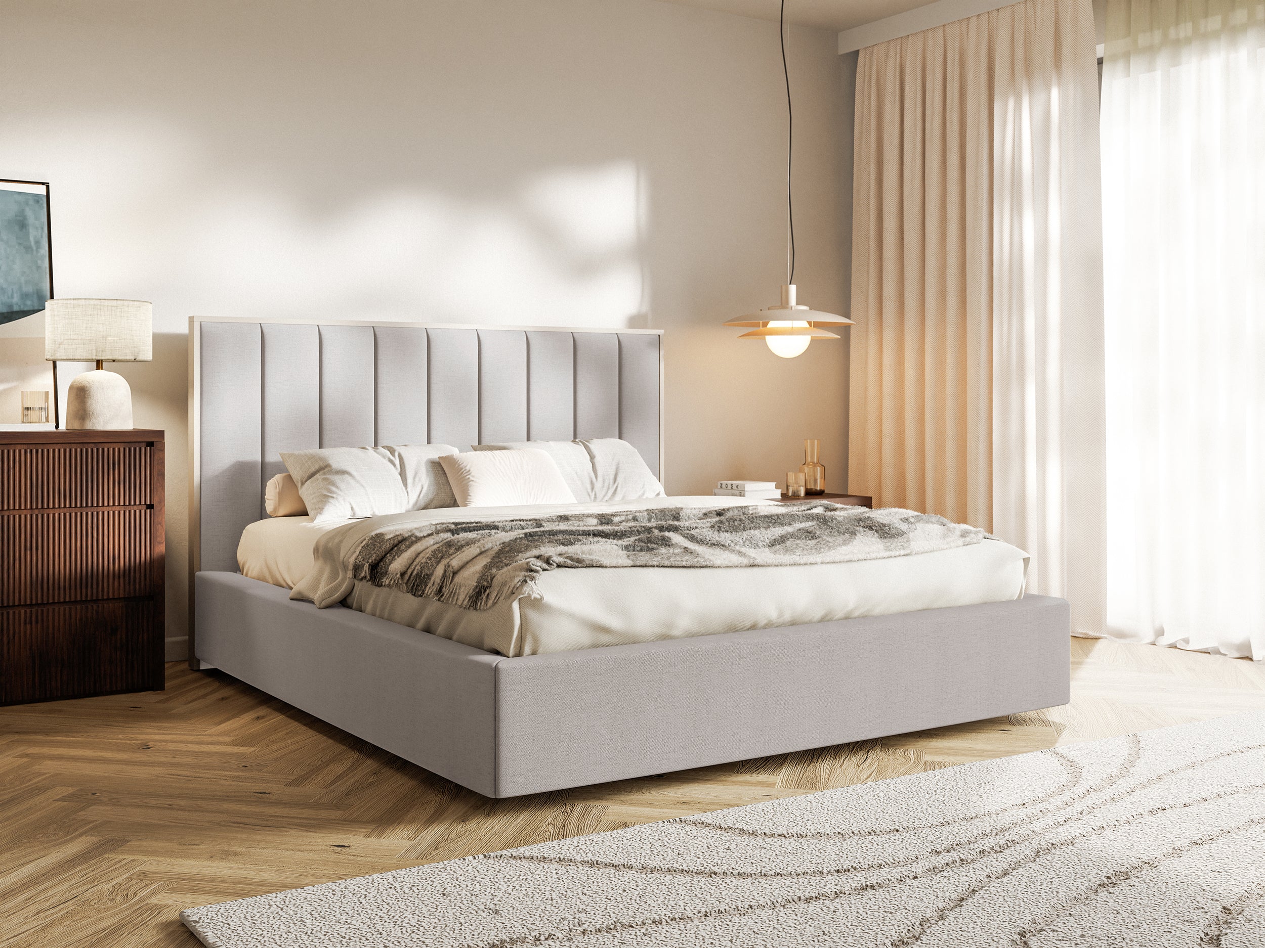 Polsterbett 180x200 cm Togents mit Stauraum, Metallrahmen, grau-beiges hydrophobes Chenille