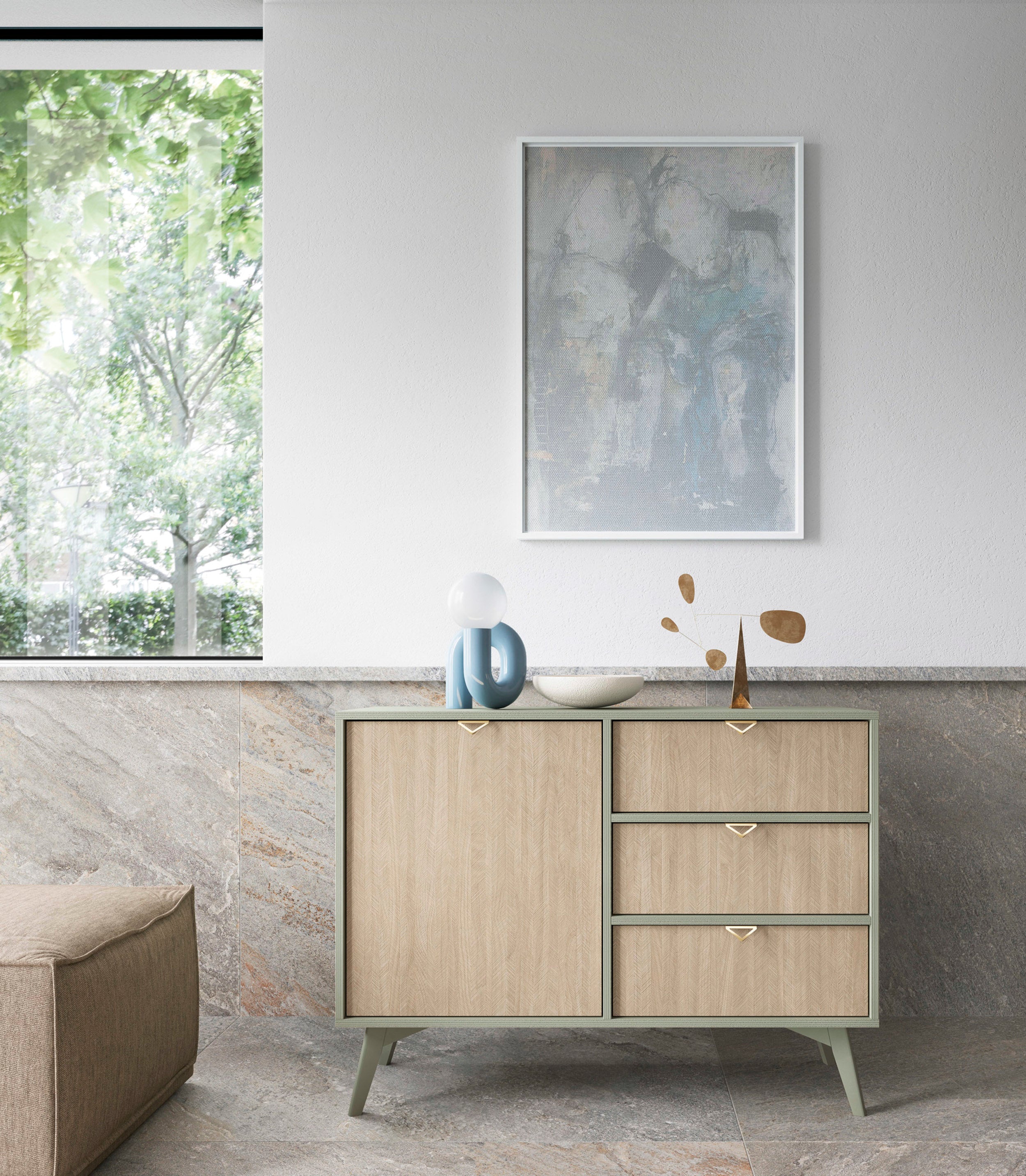 Favoria Kommode mit einer Tür und Schubladen, 106 cm, Eukalyptus/Scandi Fischgrätmuster mit goldenen Griffen