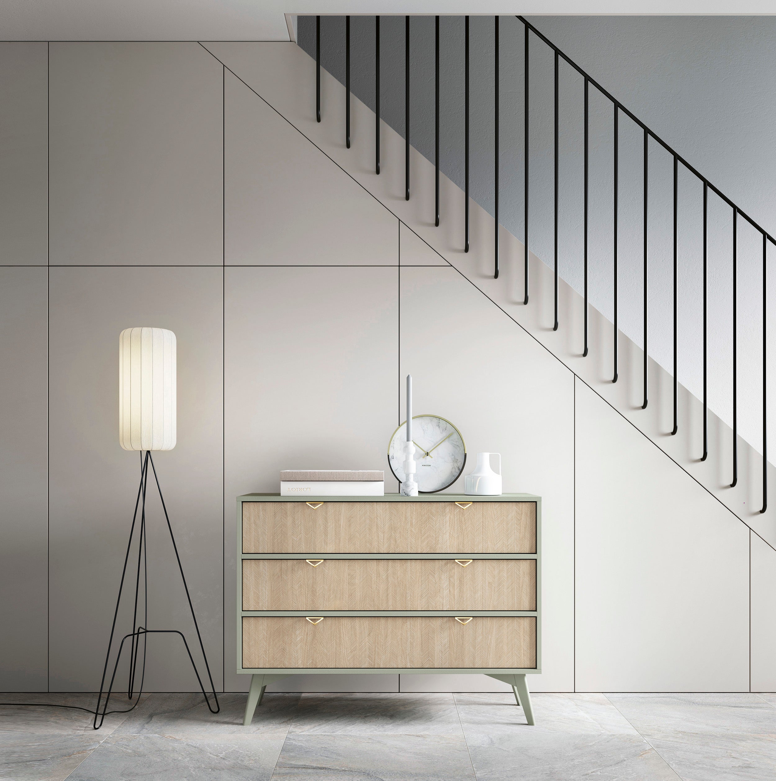 Kommode Favoria mit Schubladen 106 cm Eukalyptus/Scandi Fischgrätmuster mit goldenen Griffen