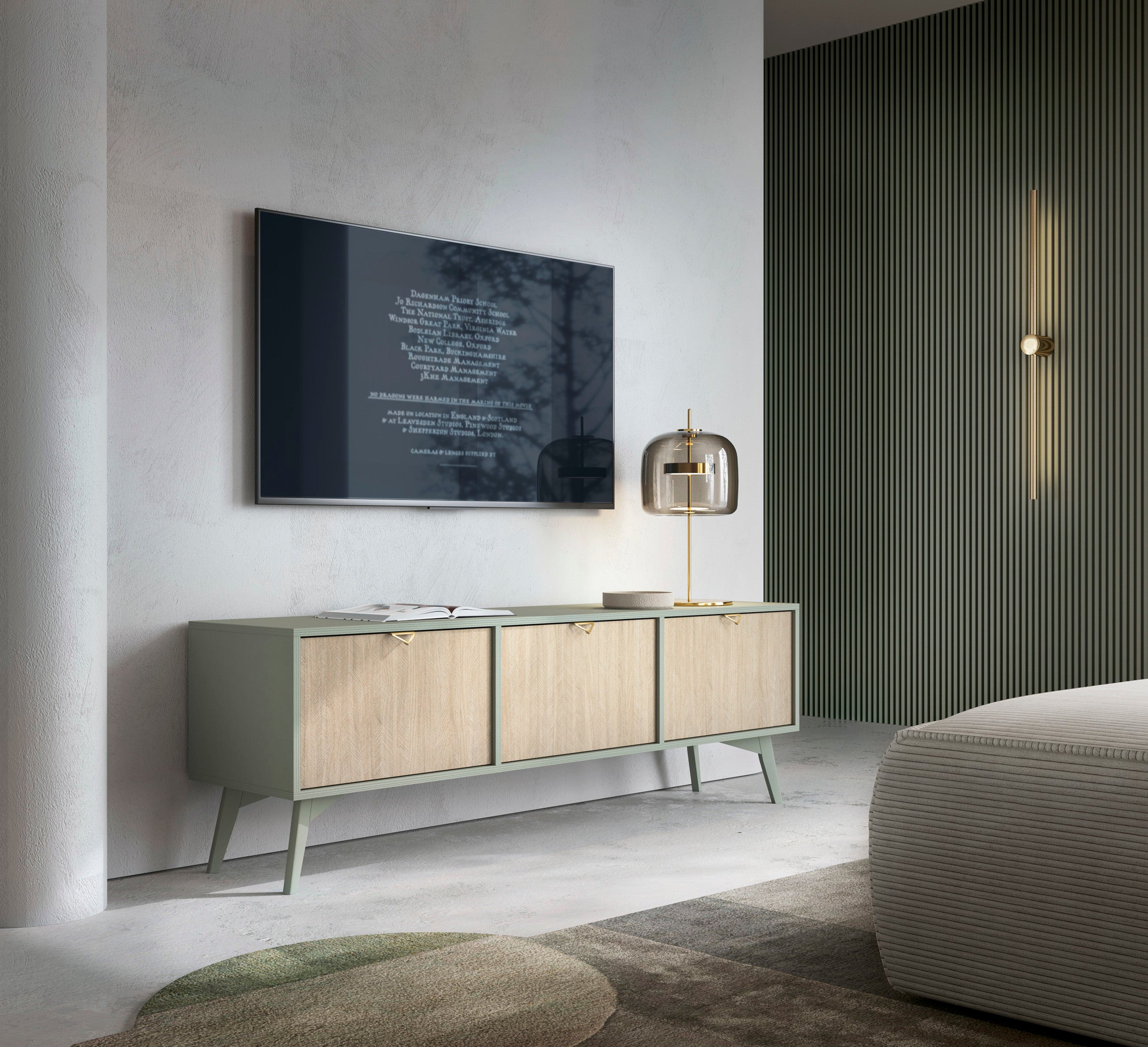 TV-Schrank Favoria 158 cm Eukalyptus/Fischgrät-Scandi mit goldenen Griffen