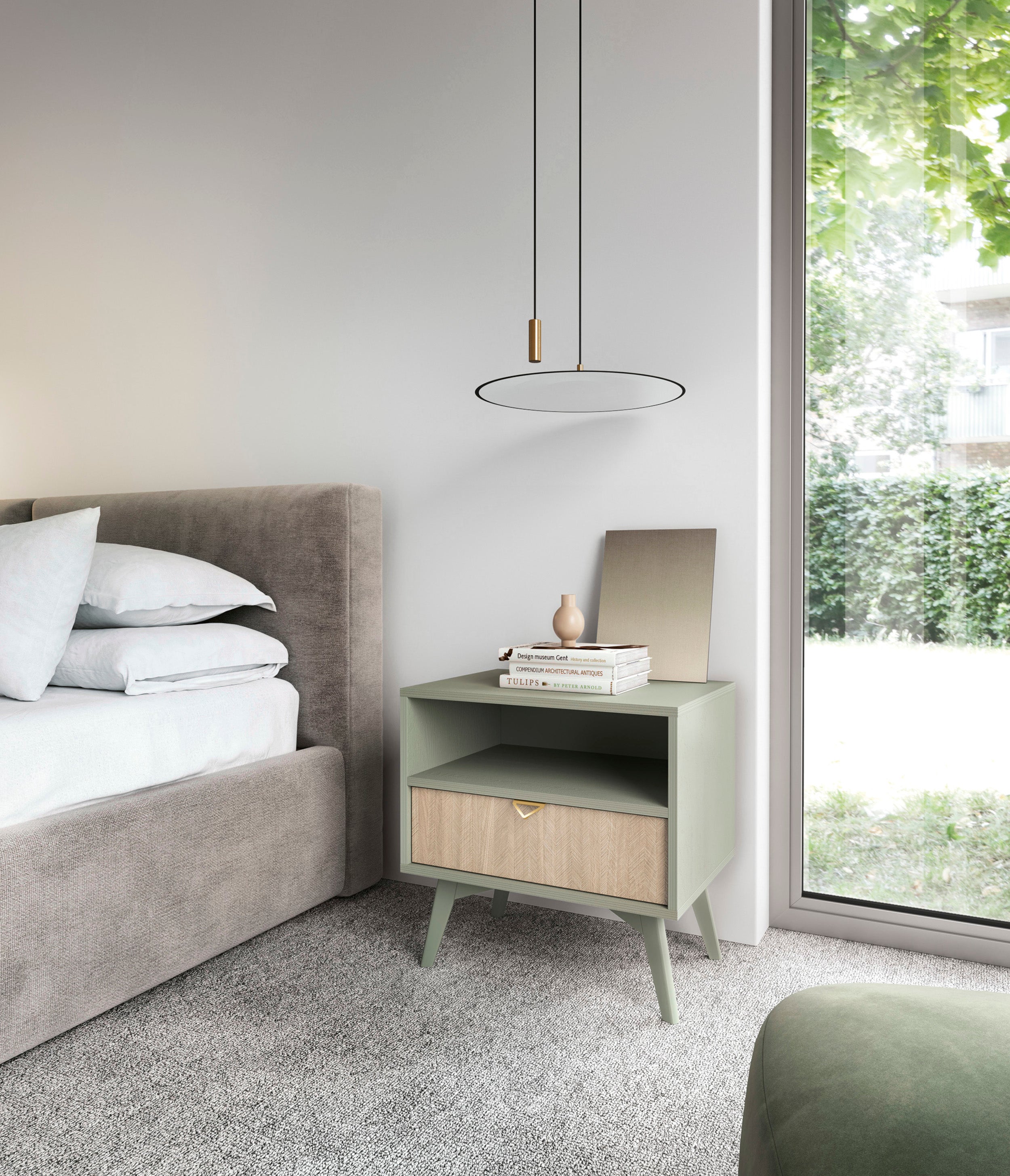 Nachttisch Favoria mit Schublade 54 cm Eukalyptus/Fischgrätmuster Scandi mit goldenem Griff