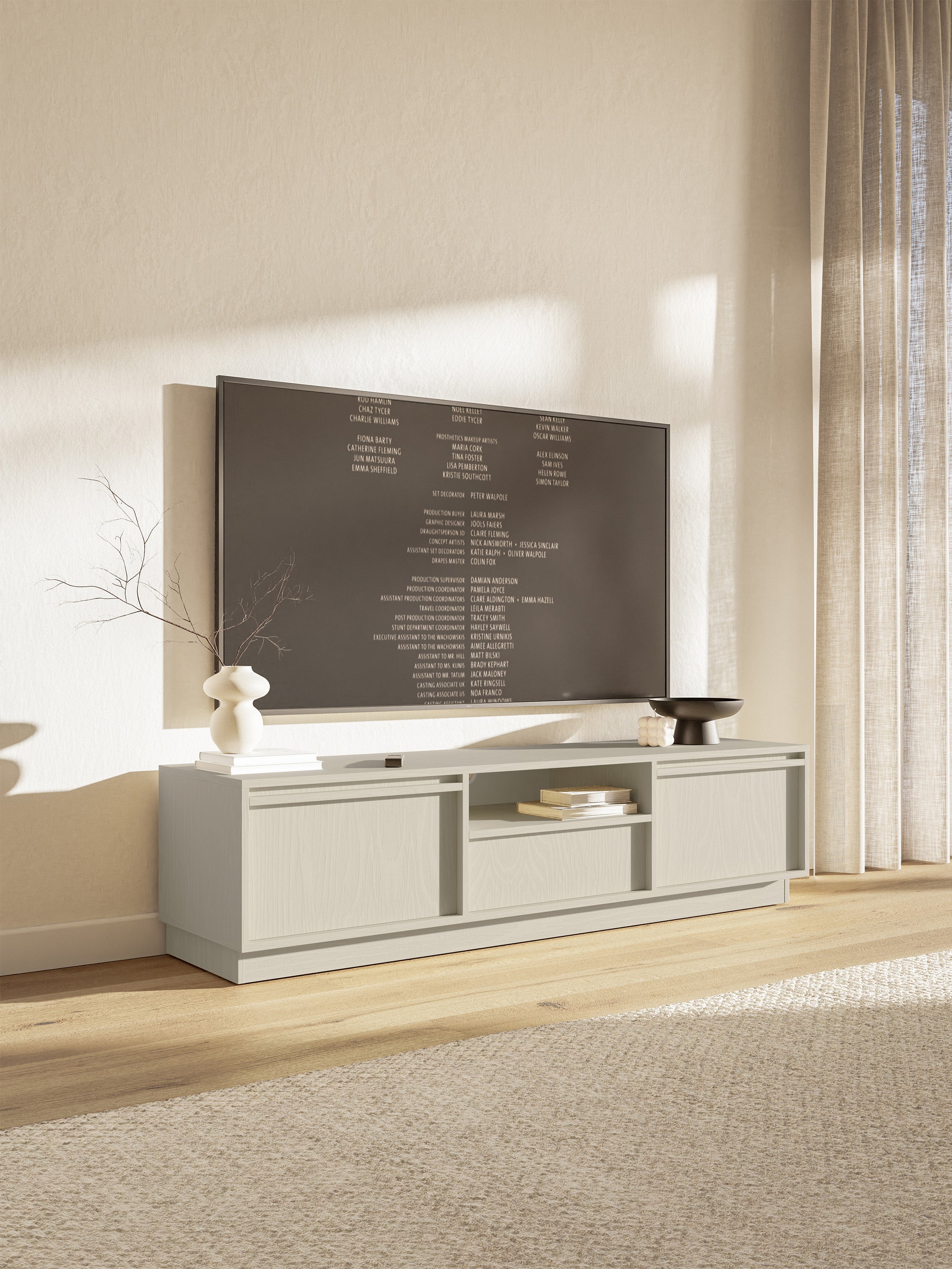 Zweiturige RTV-Kommode Evo mit Schublade, 154 cm, sandbeige auf Sockel