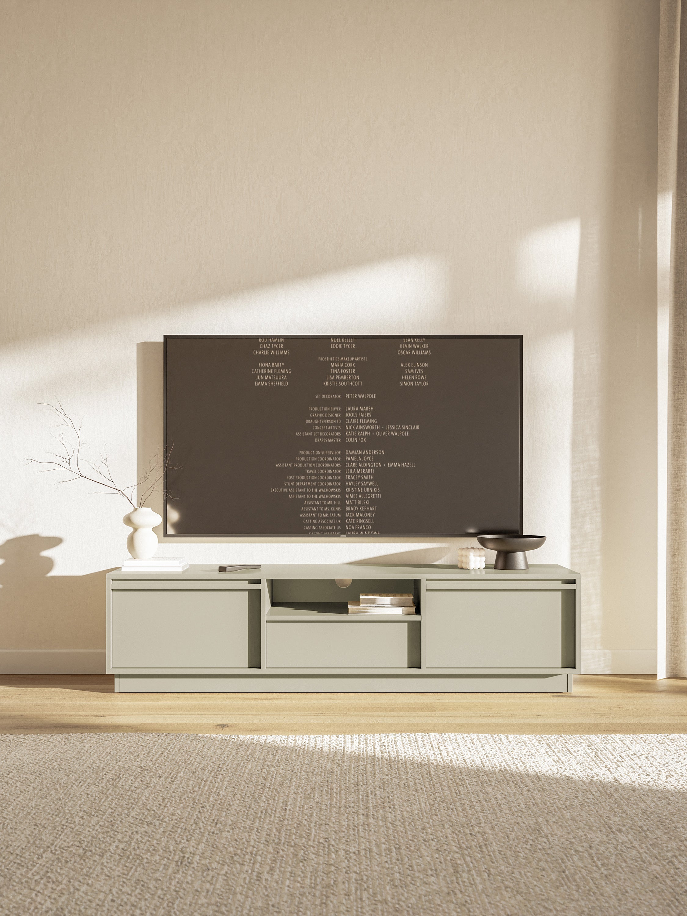 Zweitrüriger TV-Schrank Evo mit Schublade, 154 cm, Kaschmir auf Sockel