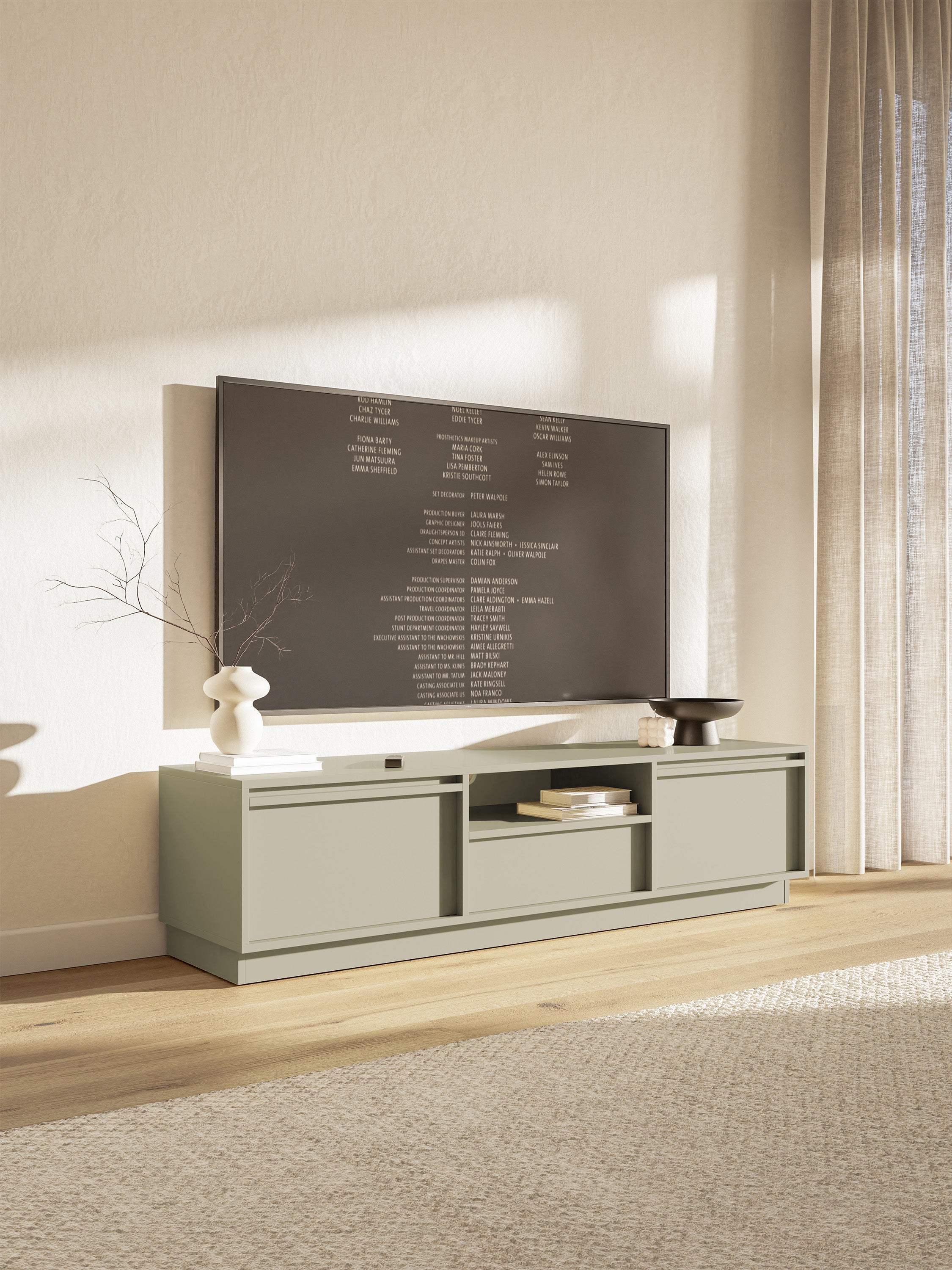 Zweitrüriger TV-Schrank Evo mit Schublade, 154 cm, Kaschmir auf Sockel