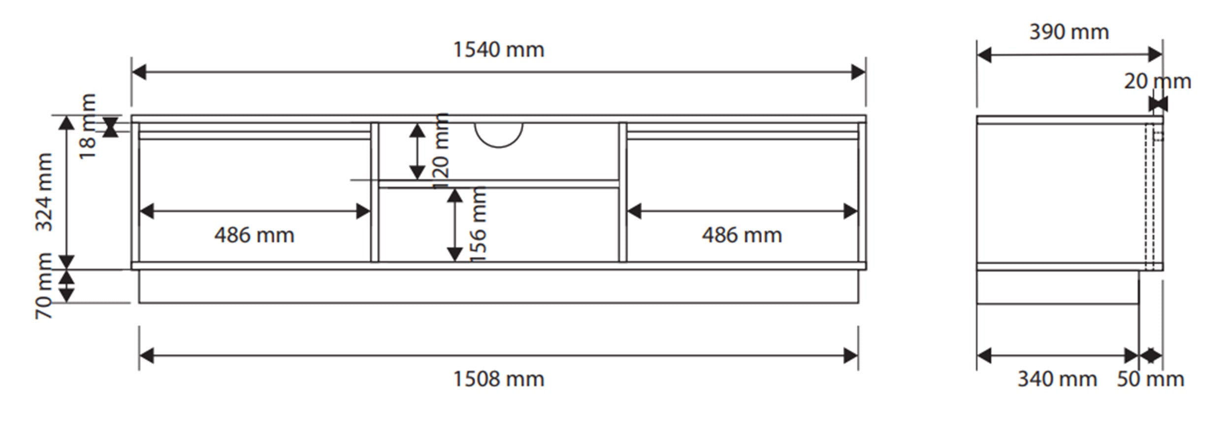 Zweitrüriger TV-Schrank Evo mit Schublade, 154 cm, Kaschmir auf Sockel