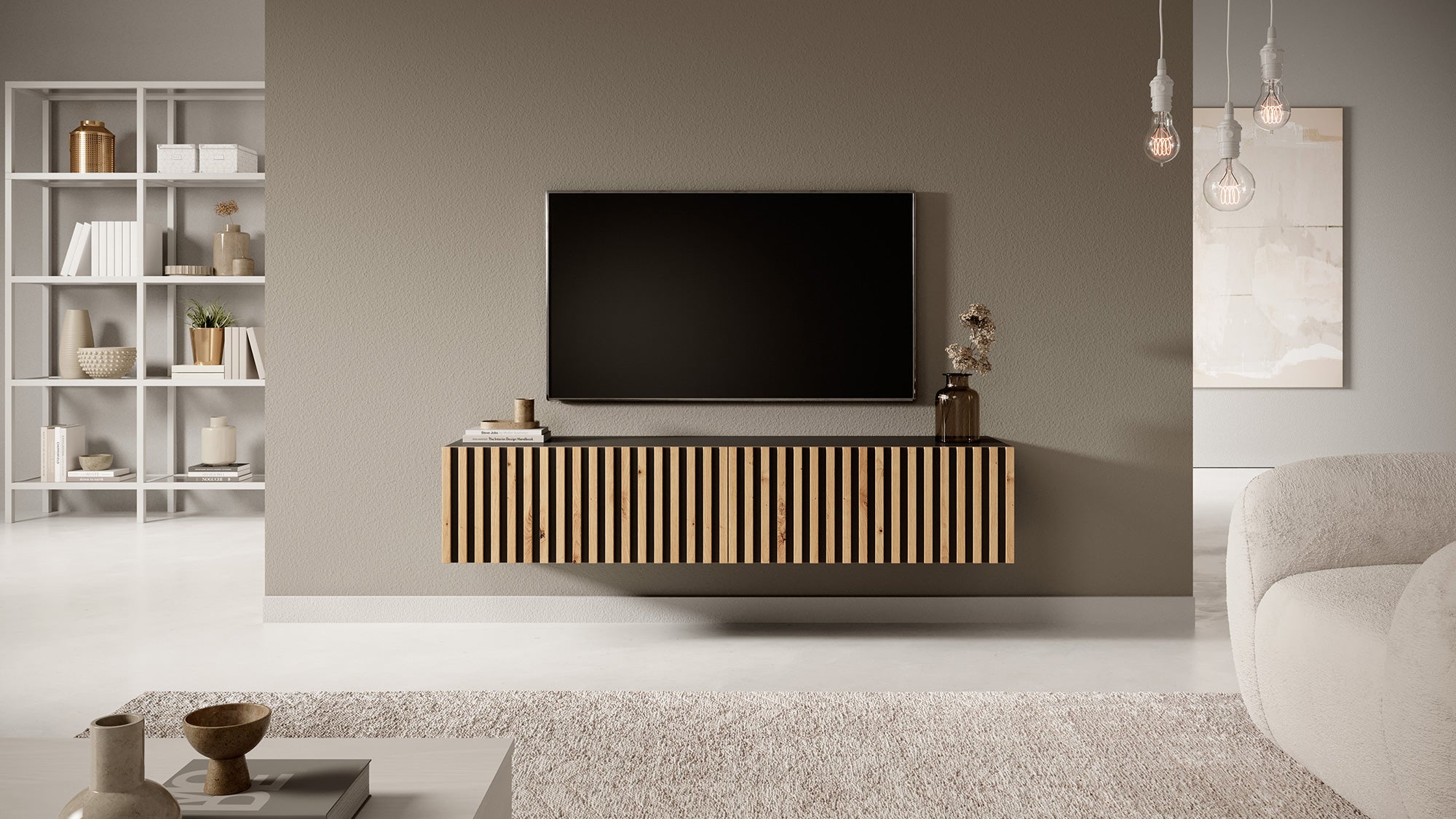 TV-Schrank Telire 138,6 cm schwarz mit lamellenförmiger Front Artisan-Eiche
