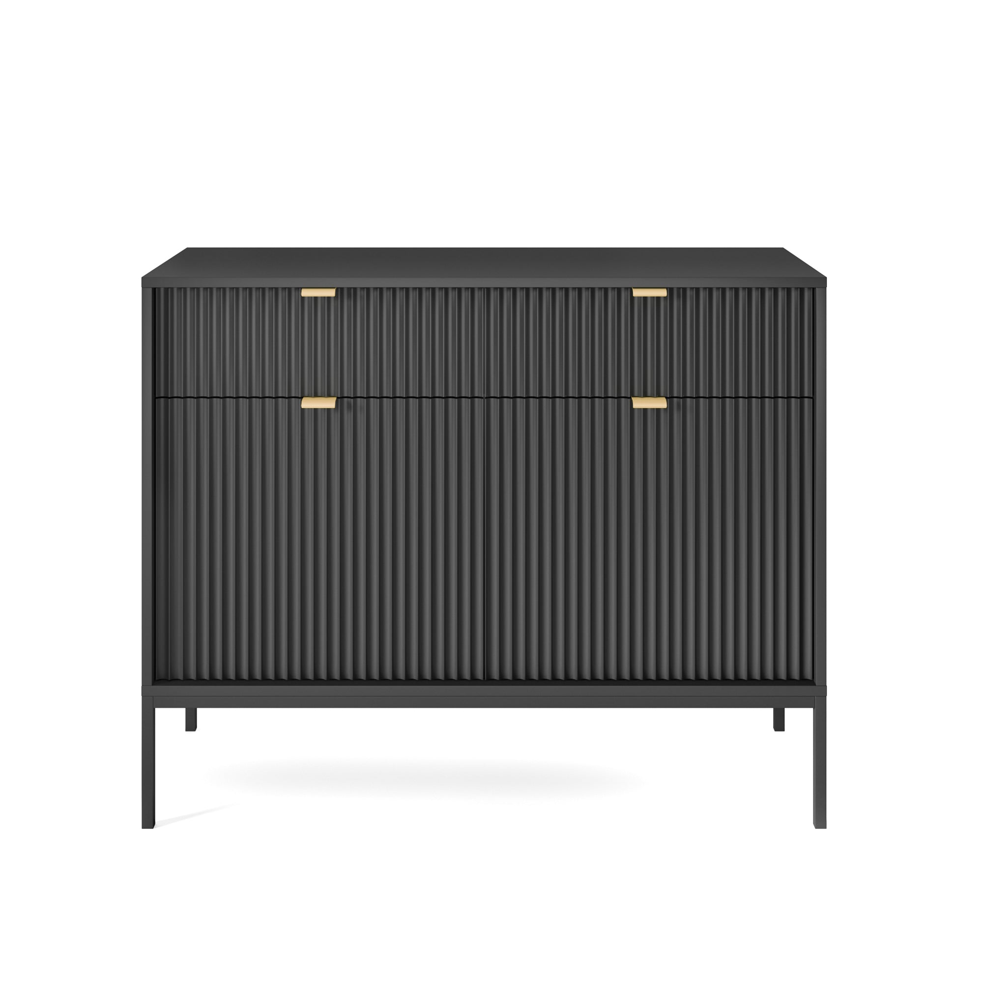 Zweiturige Kommode Vellore 104 cm schwarz mit gerillten Fronten und goldenen Griffen