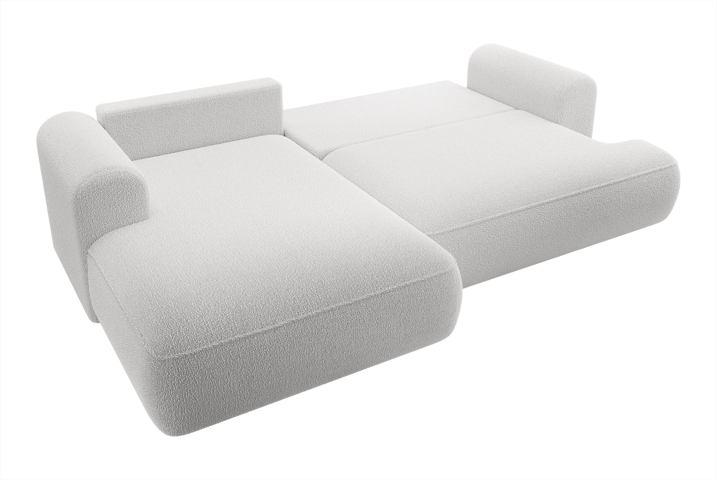 Ecksofa mit Schlaffunktion Ovo, L-förmig, grau mit Stauraum, Bouclé, linke Seite
