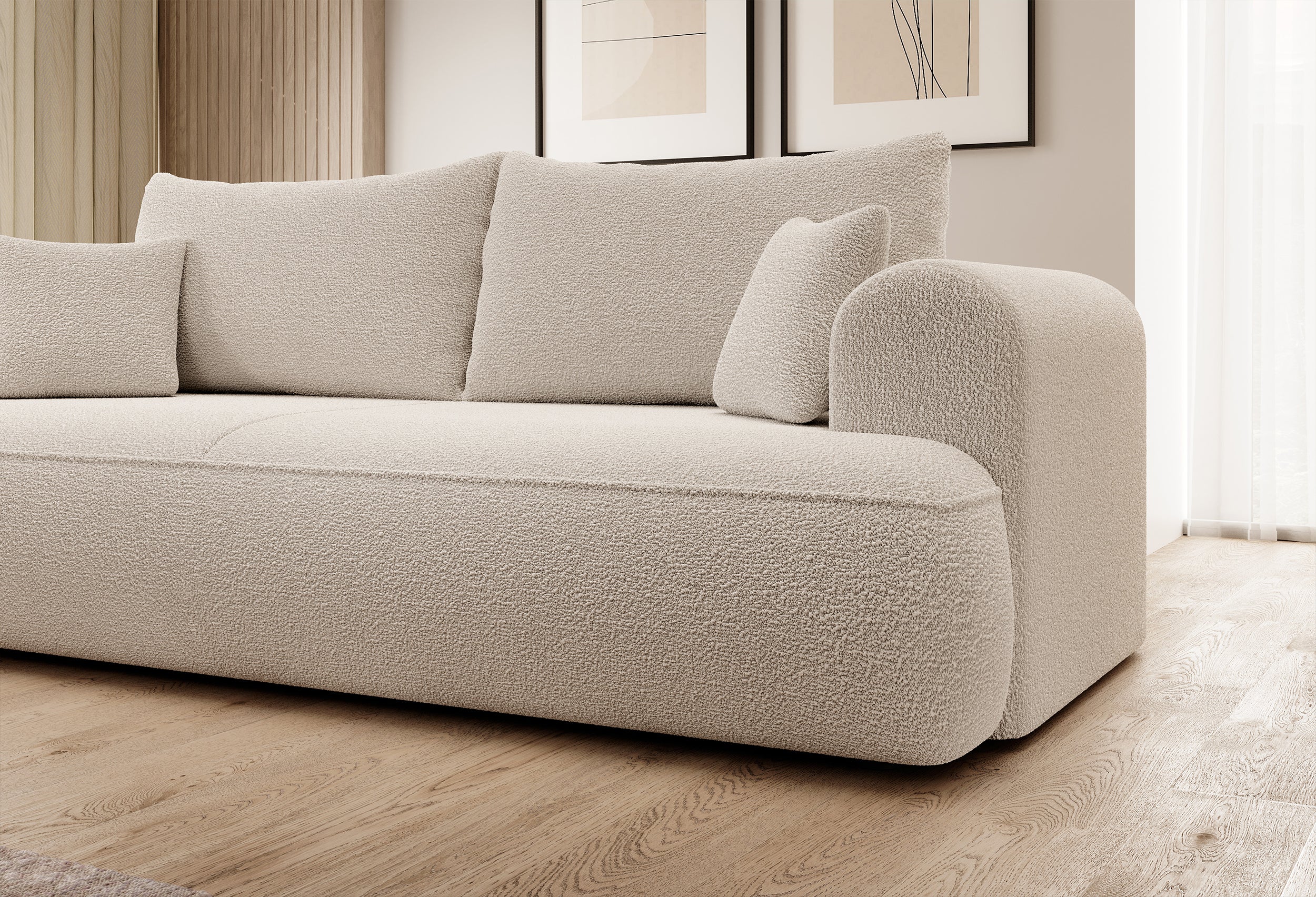 Dreisitziges ausklappbares Sofa Ovo mit Stauraum, beige Bouclé