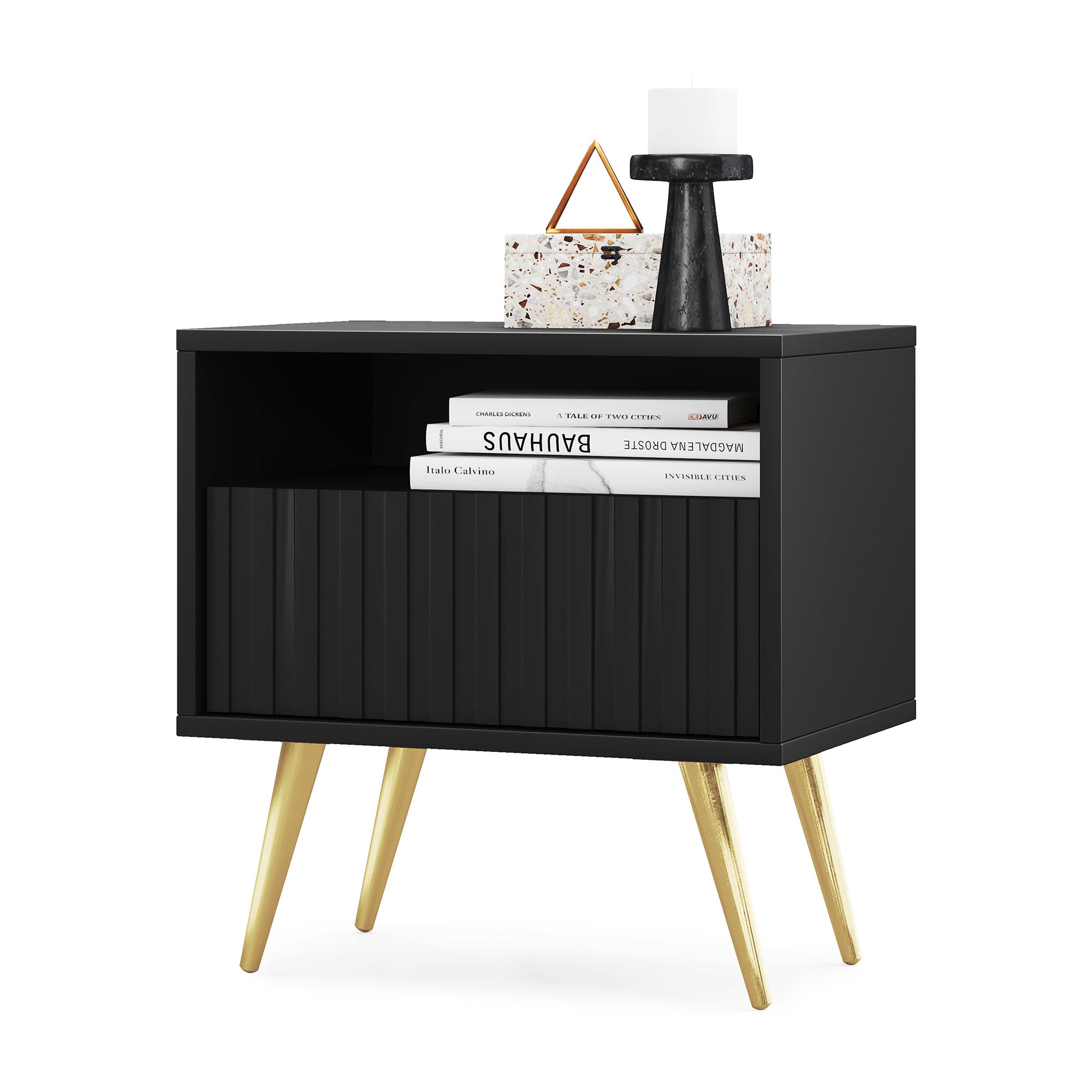 Nachttisch Bello mit Schublade und lamellenförmiger Front, schwarz mit goldenen Beinen