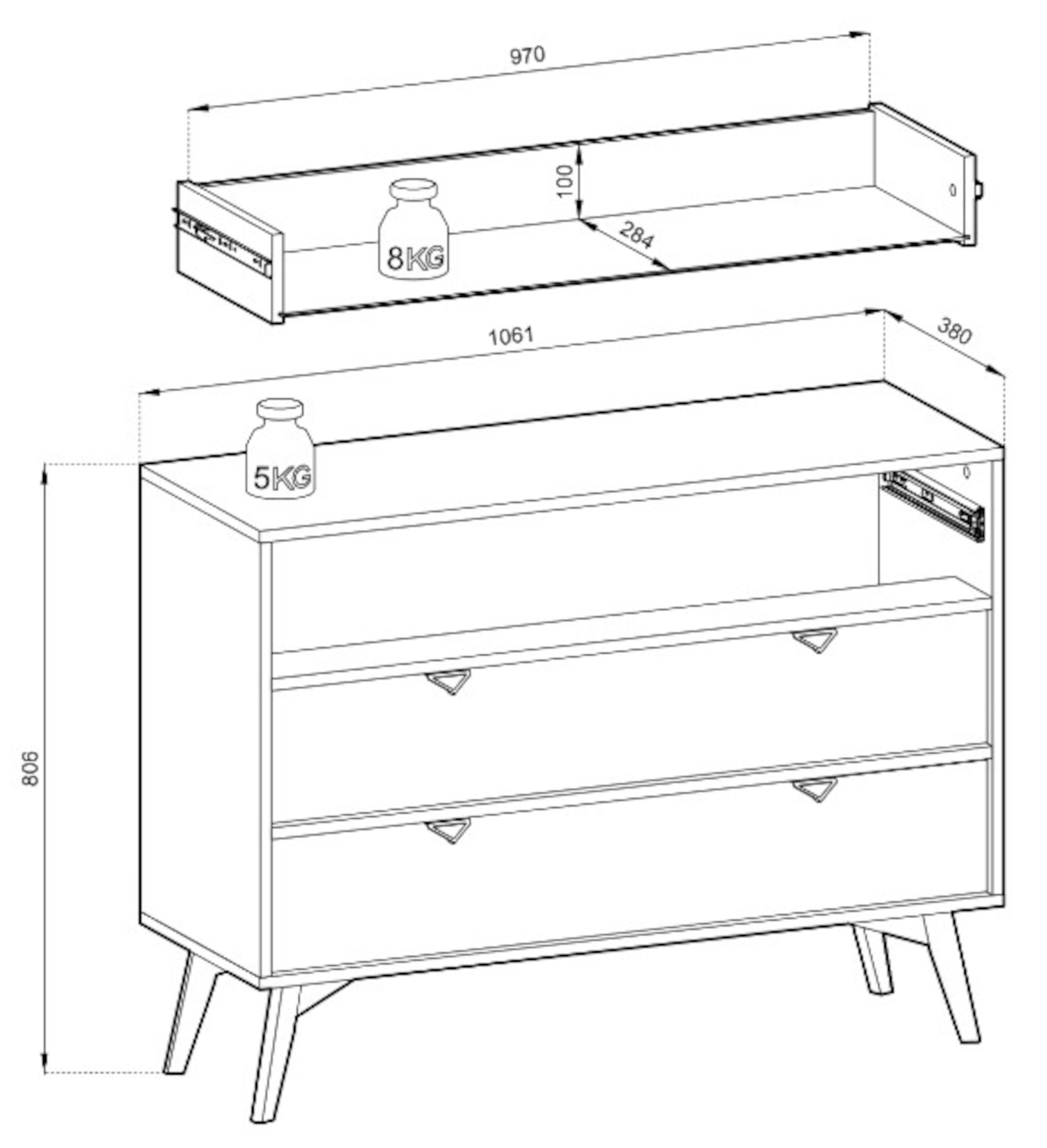 Kommode Favoria mit Schubladen 106 cm beige/Scandi Fischgrätmuster mit goldenen Griffen