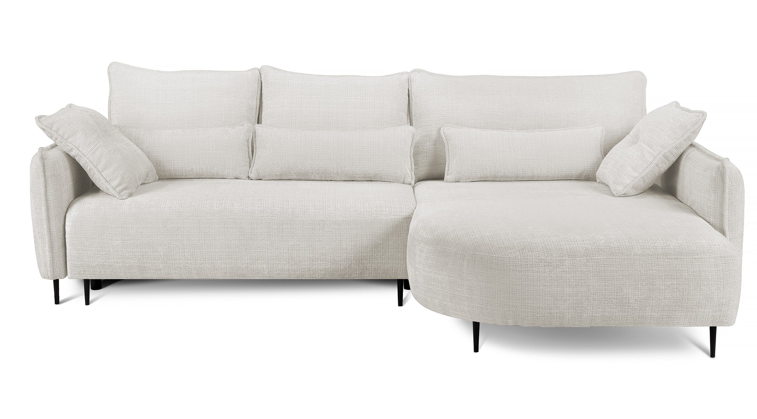 Ecksofa Oblivio mit Schlaffunktion, L-förmig, mit Stauraum, cremefarbener Chenille, rechtsseitig