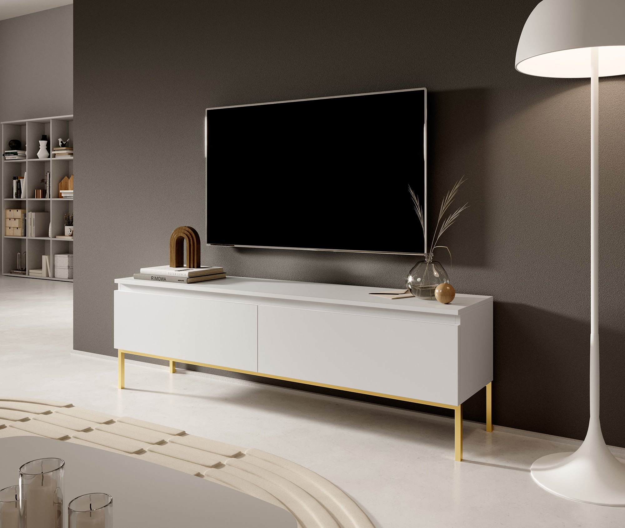 TV-Schrank Bemmi 150 cm weiß mit goldenen Beinen