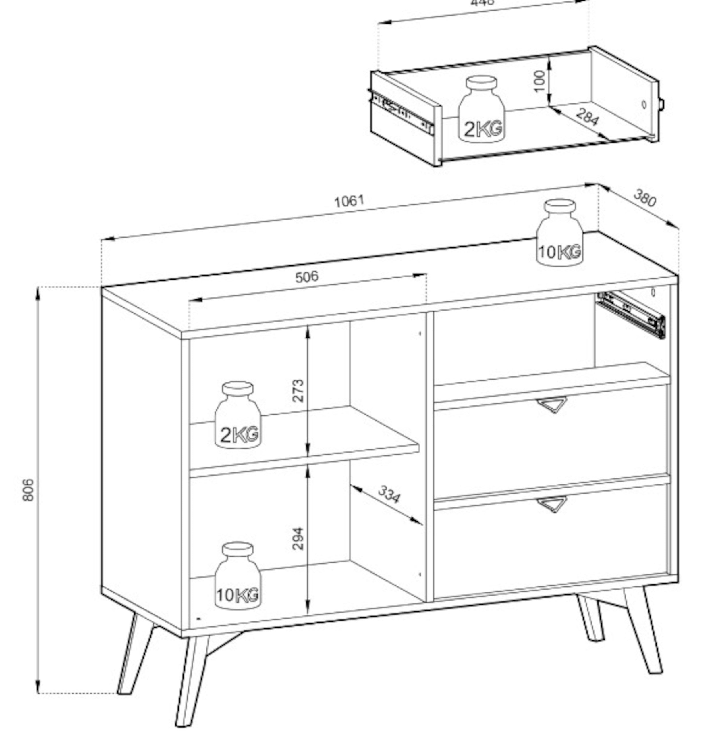 Favoria Kommode mit einer Tür und Schubladen, 106 cm, beige/Scandi Fischgrätmuster mit goldenen Griffen