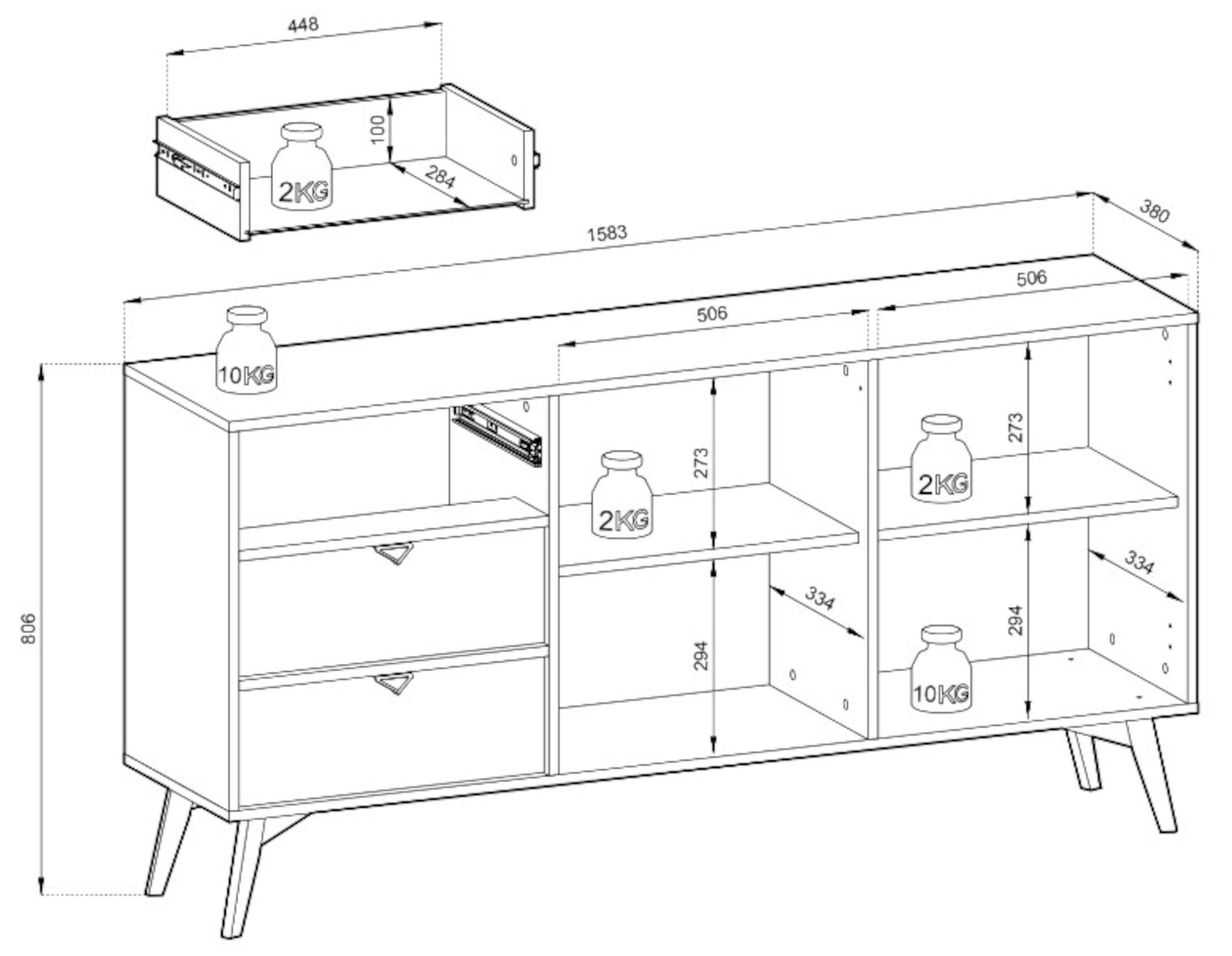 Favoria Kommode, 2-türig mit Schubladen, 158 cm, beige/Scandi Fischgrätmuster mit goldenen Griffen