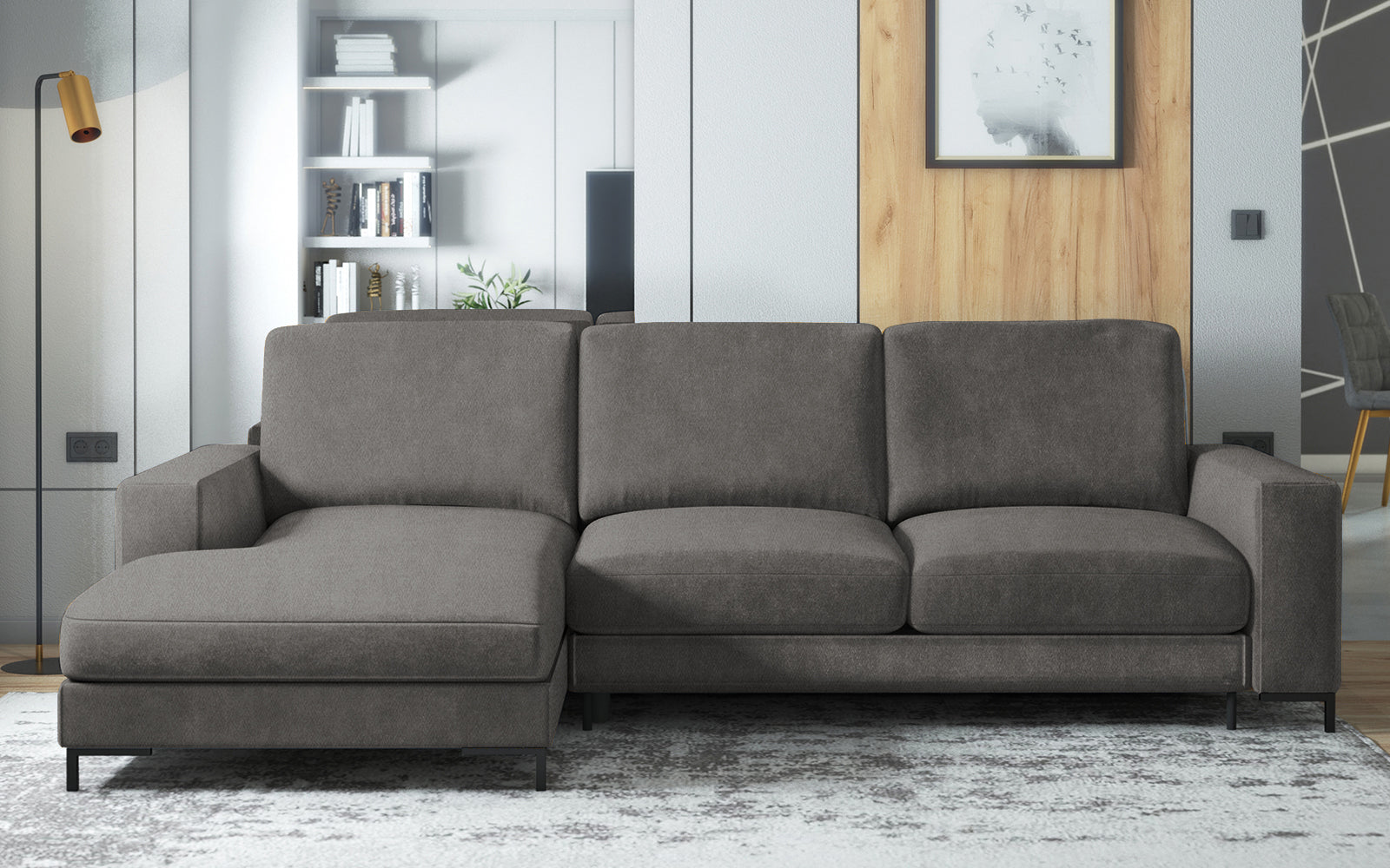 Ecksofa mit Schlaffunktion Mokpeo, L-förmig, mit zwei Stauraumfächern, auf schwarzen Füßen, dunkelgrau, aus pflegeleichtem Stoff, linksseitig