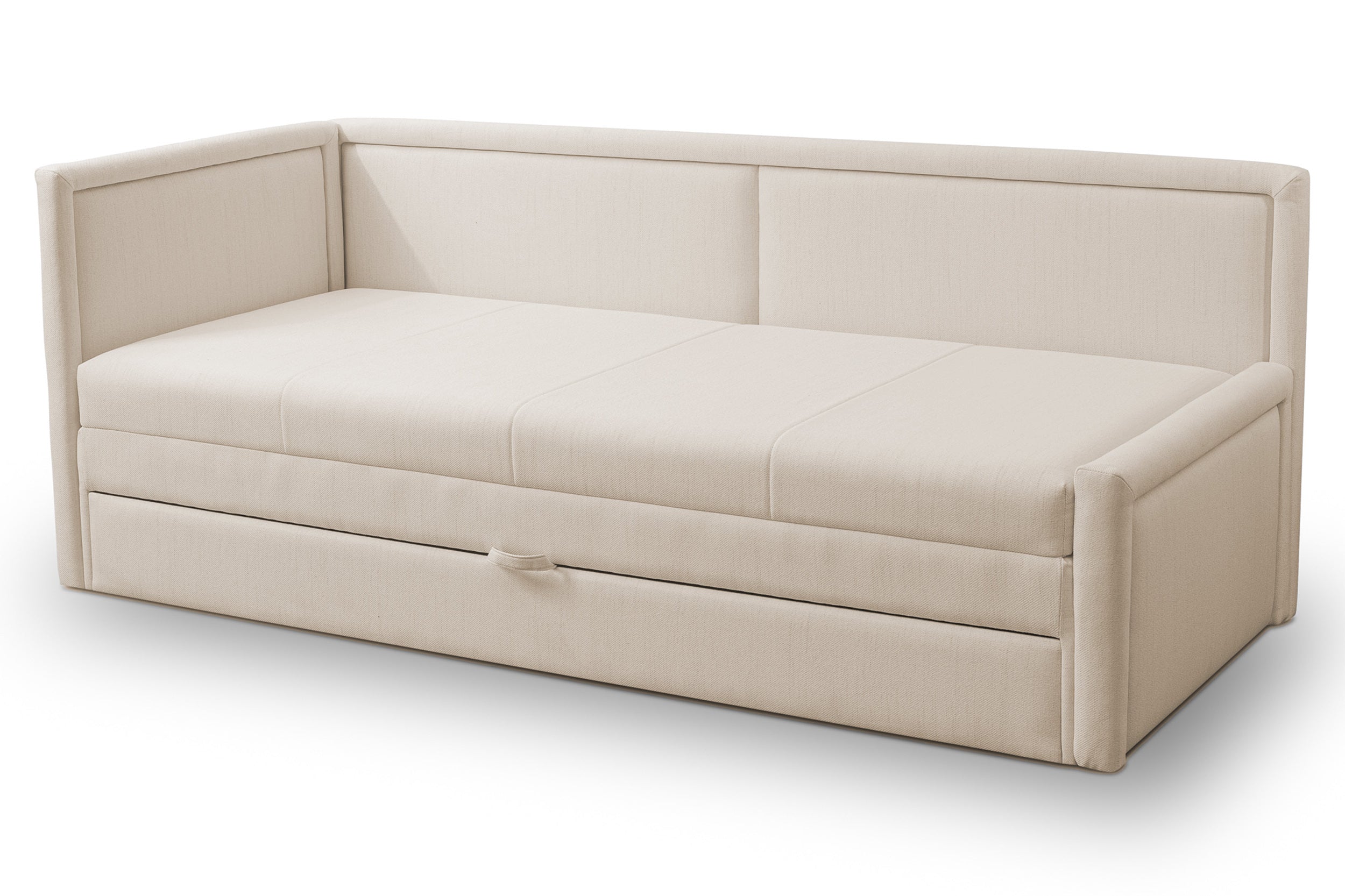 Jugendbett Caprili mit Aufbewahrungsbox, hellbeige, Flechtmuster, universell einsetzbar