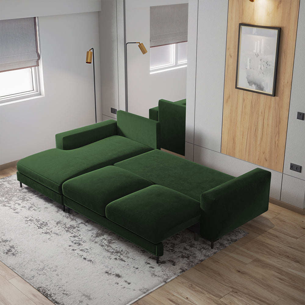 Ecksofa mit Schlaffunktion Mokpeo, L-förmig, mit zwei Stauraumfächern, schwarze Füße, samtiges Flaschengrün, linksseitig
