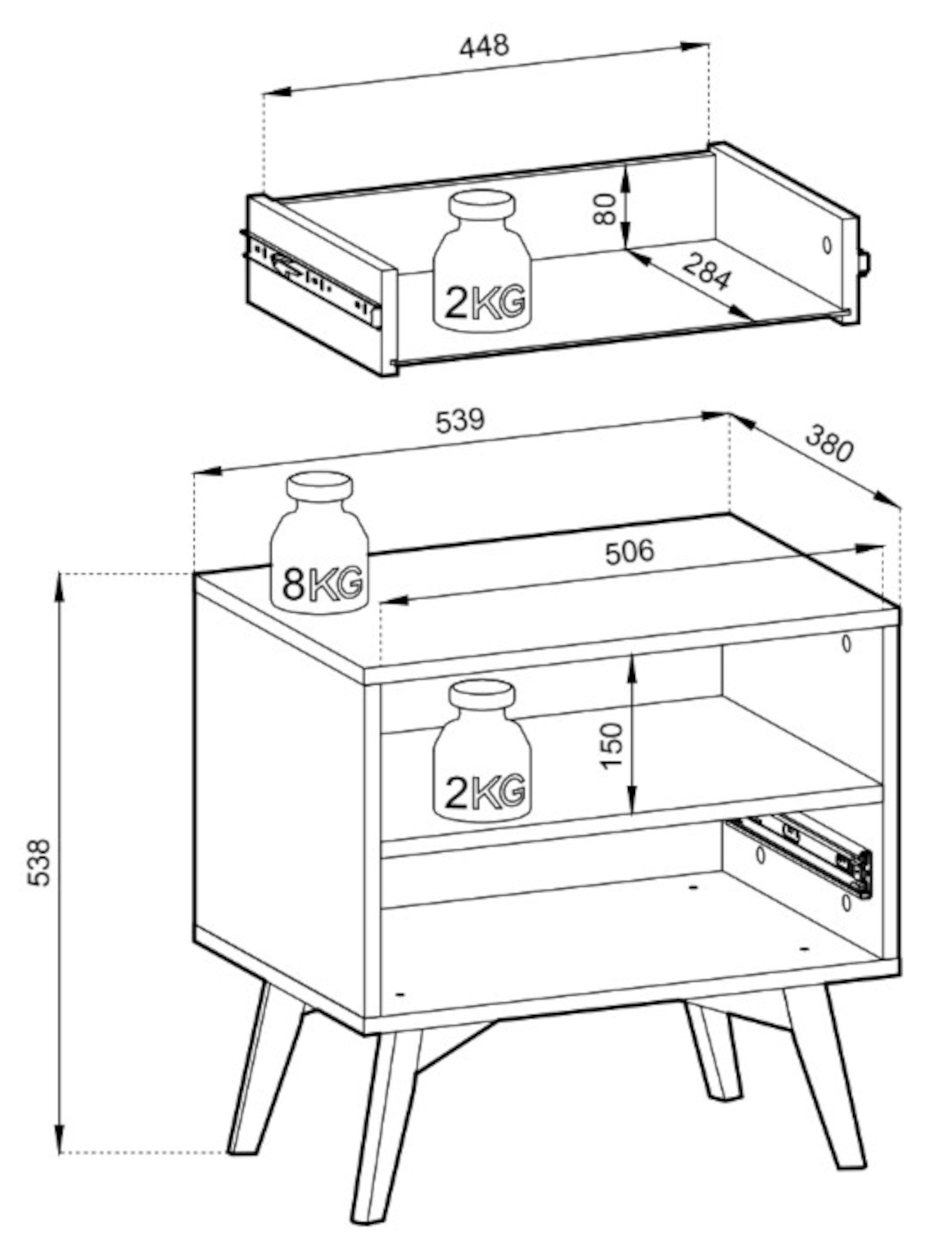 Nachttisch Favoria mit Schublade 54 cm Eukalyptus/Fischgrätmuster Scandi mit goldenem Griff