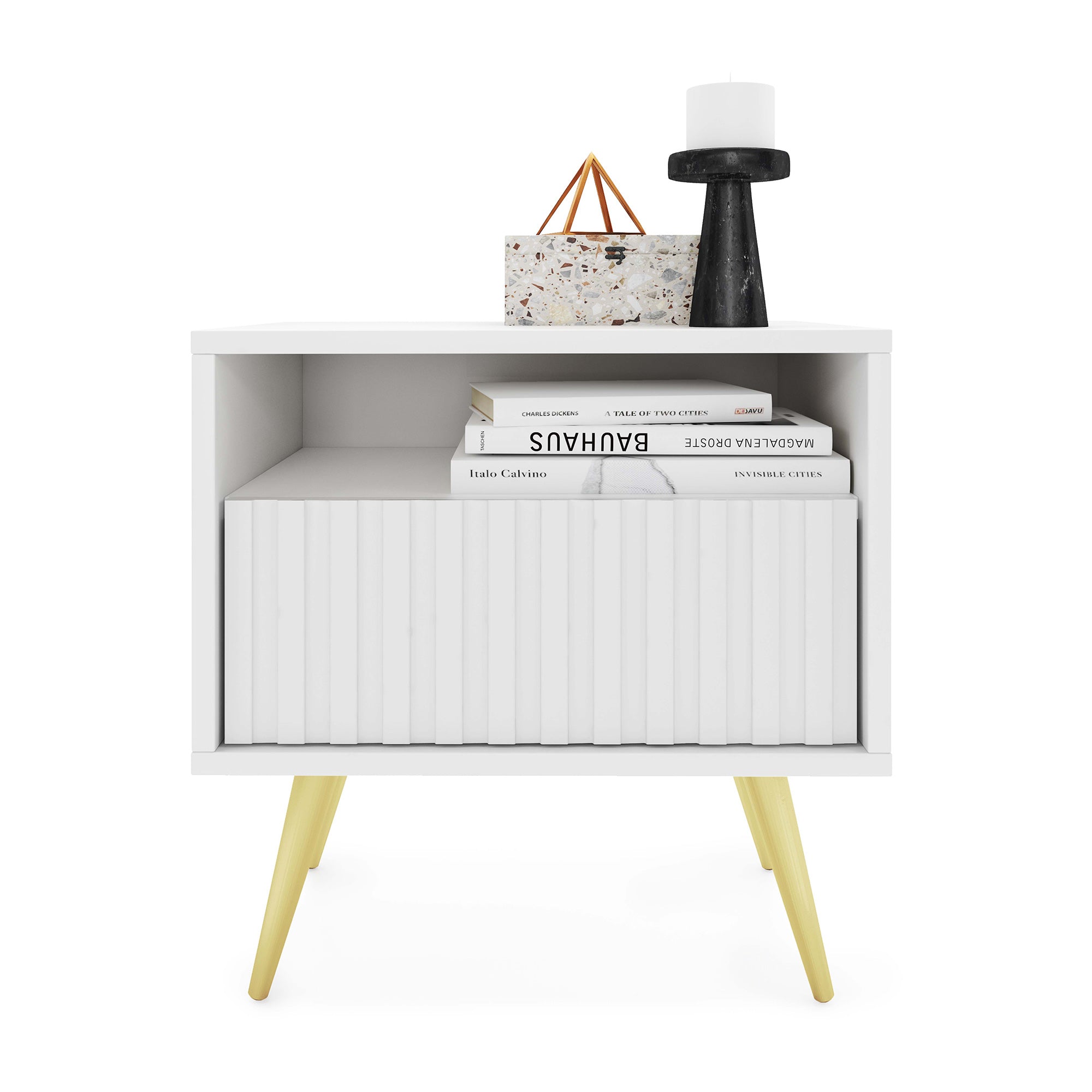 Nachttisch Bello mit Schublade und lamellenförmiger Front, weiß mit goldenen Beinen