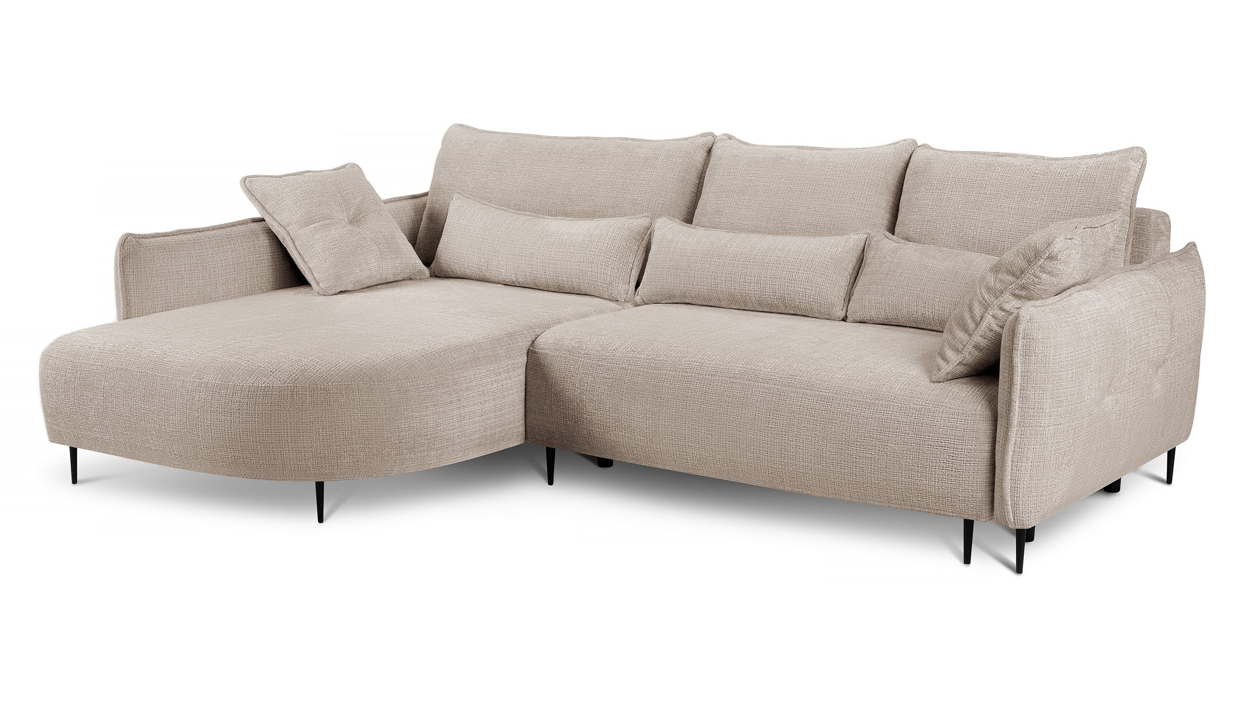 Ecksofa Oblivio mit Schlaffunktion, L-förmig, mit Stauraum, hellbeiger Chenille, linksseitig