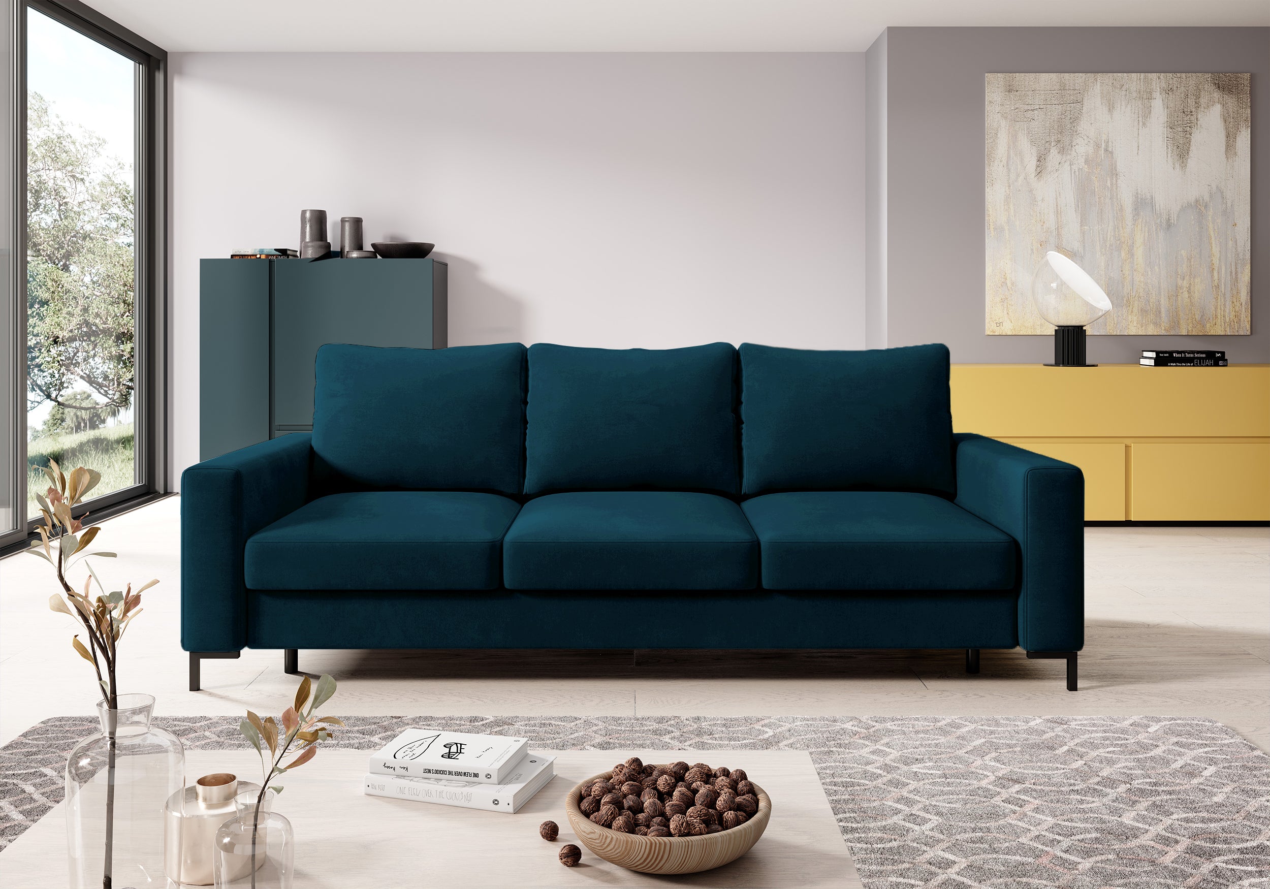 Dreisitziges ausklappbares Sofa Mokpeo mit Stauraum, dunkelblauer Samtvelours