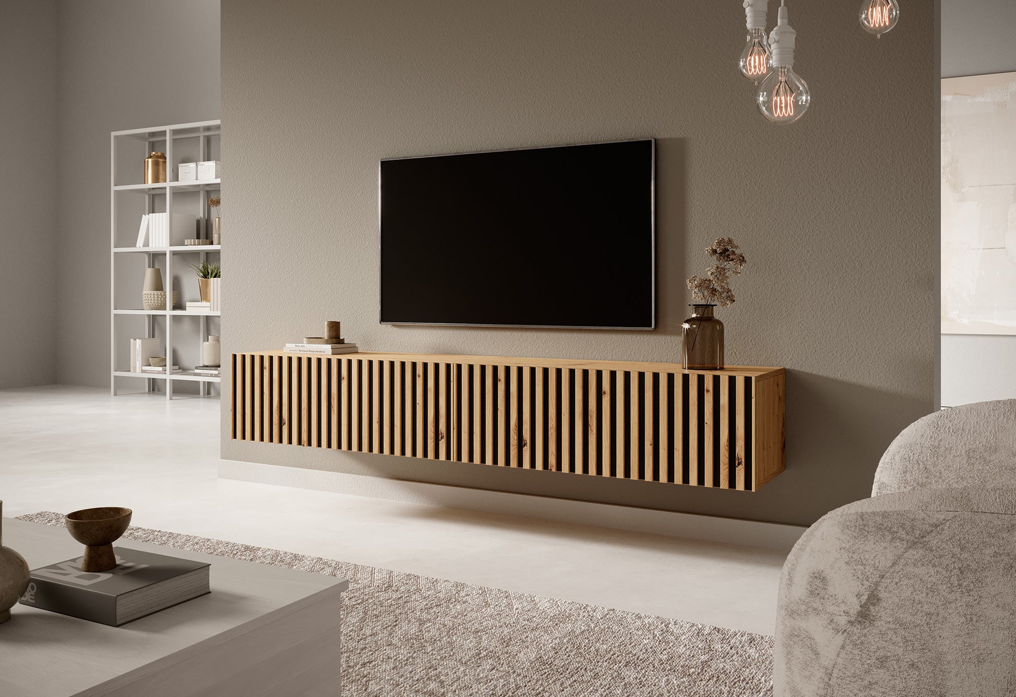 TV-Schrank Telire 175 cm Artisan-Eiche Lamellen mit schwarzen Einsätzen