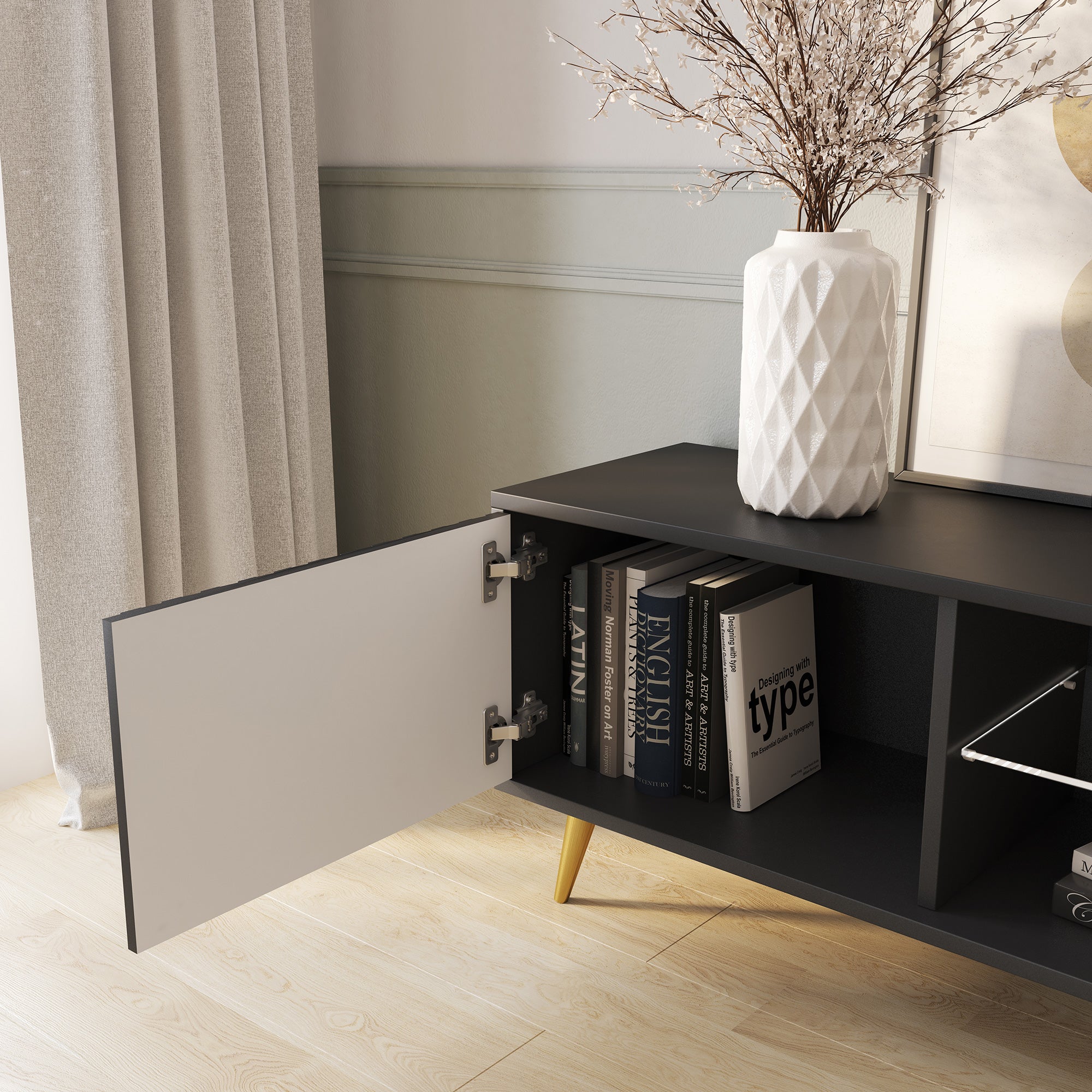 TV-Schrank Bello mit Lamellenfronten, 135 cm, schwarz mit goldenen Beinen