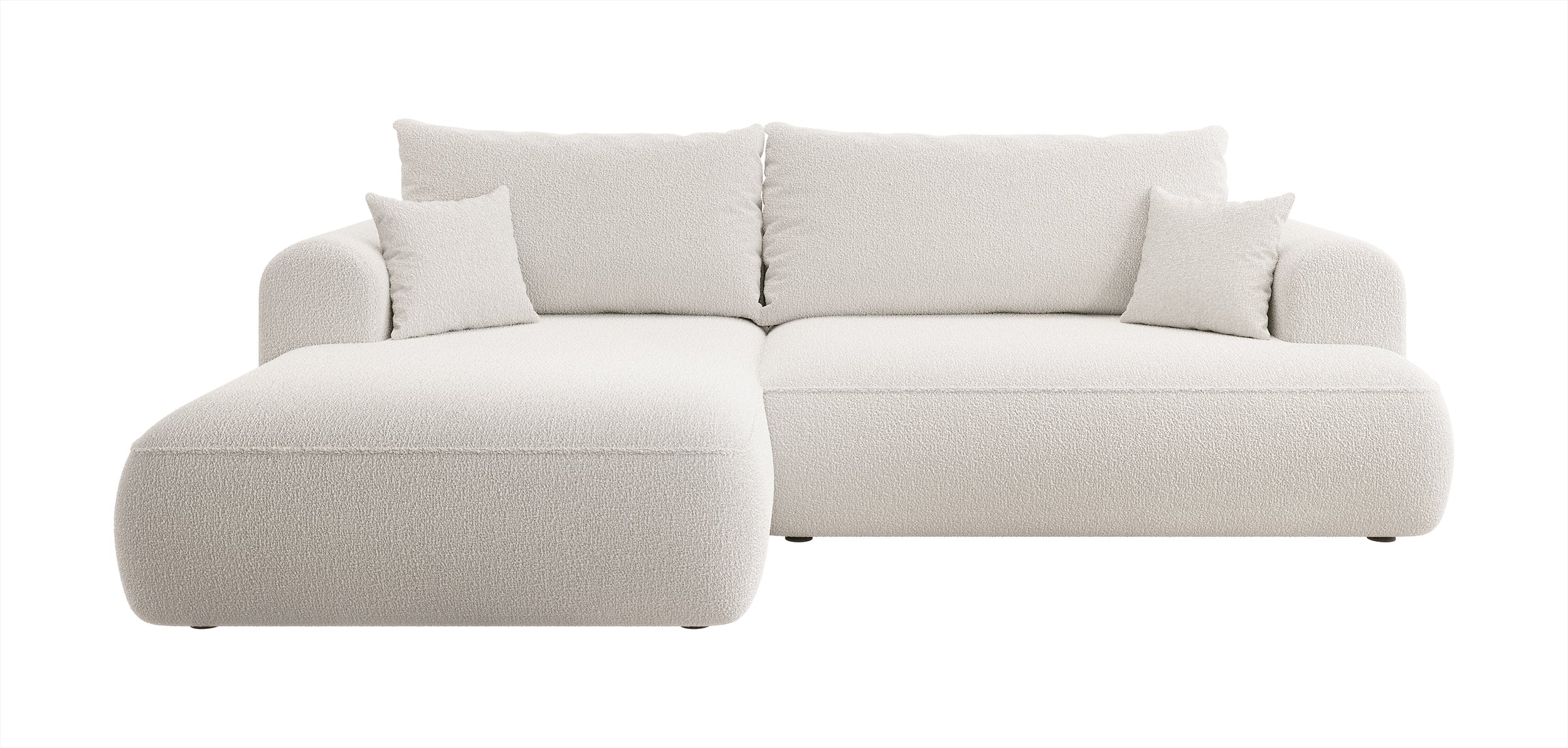 Ecksofa mit Schlaffunktion Ovo, L-förmig, cremefarben mit Stauraum, Bouclé, linksseitig