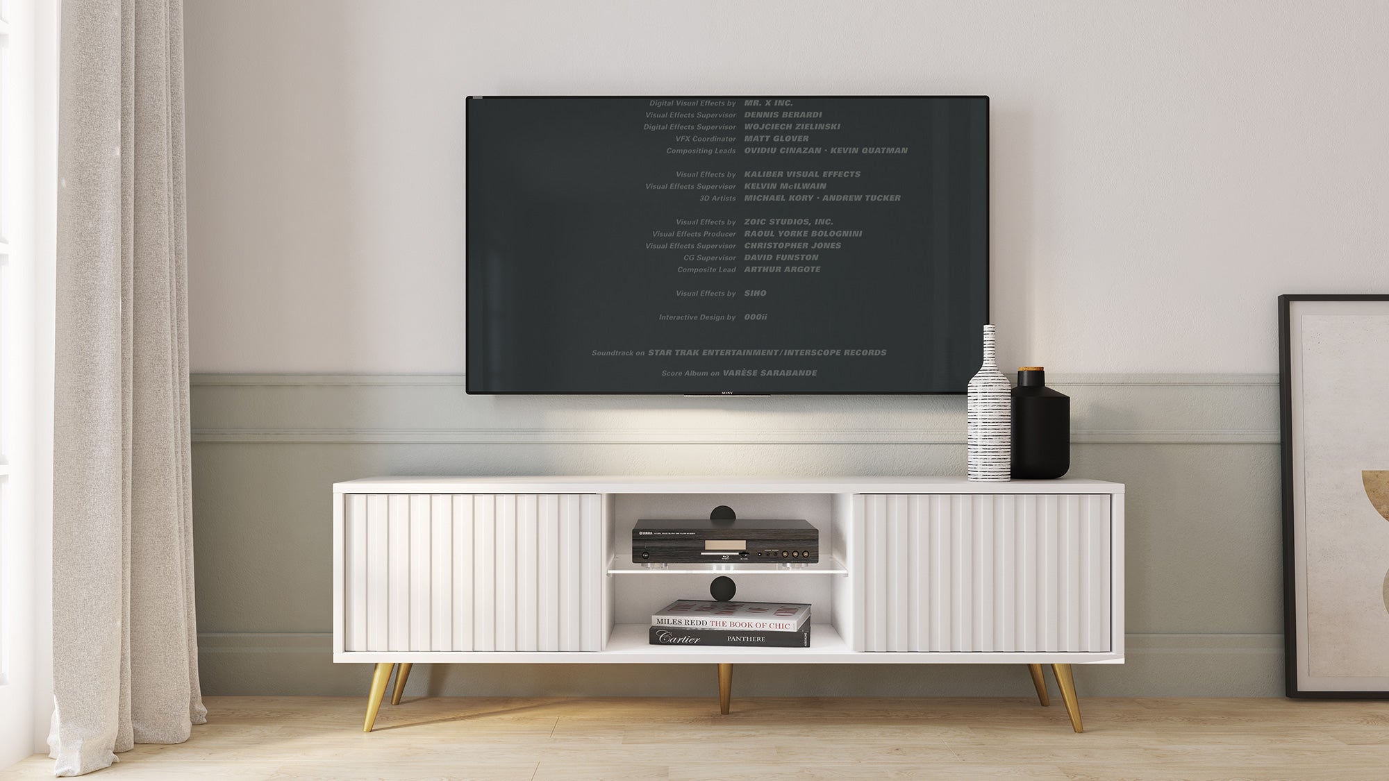 TV-Schrank Bello mit Lamellenfronten, 135 cm, weiß mit goldenen Beinen