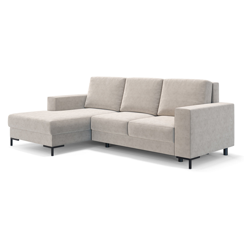 Ecksofa mit Schlaffunktion Mokpeo, L-förmig, mit zwei Stauraumfächern, auf schwarzen Füßen, beige Cordstoff, linksseitig