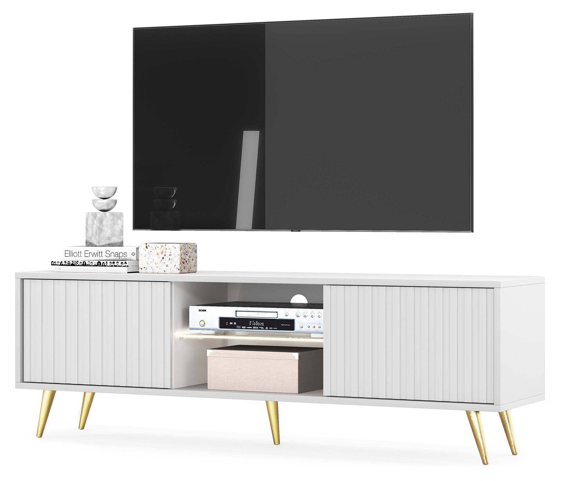 TV-Schrank Bello mit Lamellenfronten, 135 cm, weiß mit goldenen Beinen