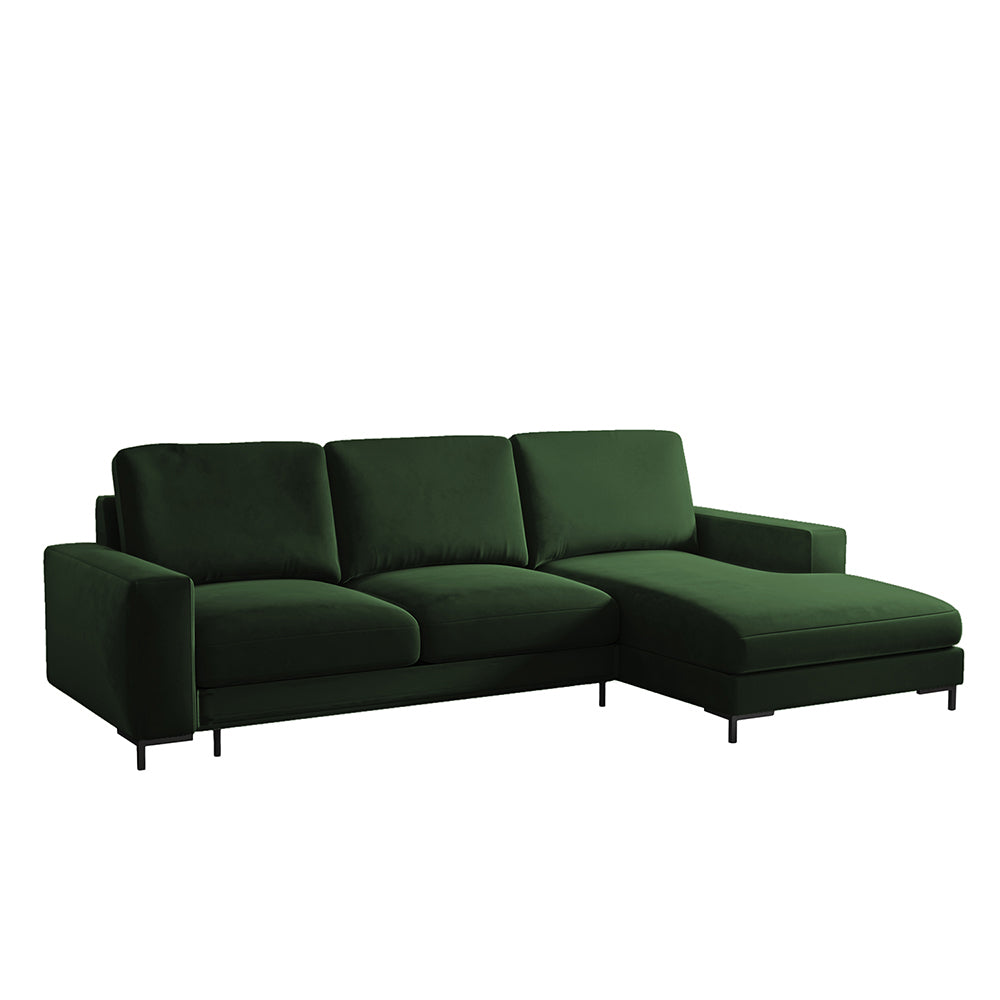 Ecksofa mit Schlaffunktion Mokpeo, L-förmig, mit zwei Stauraumfächern, schwarze Beine, Samt in Flaschengrün, rechtsseitig