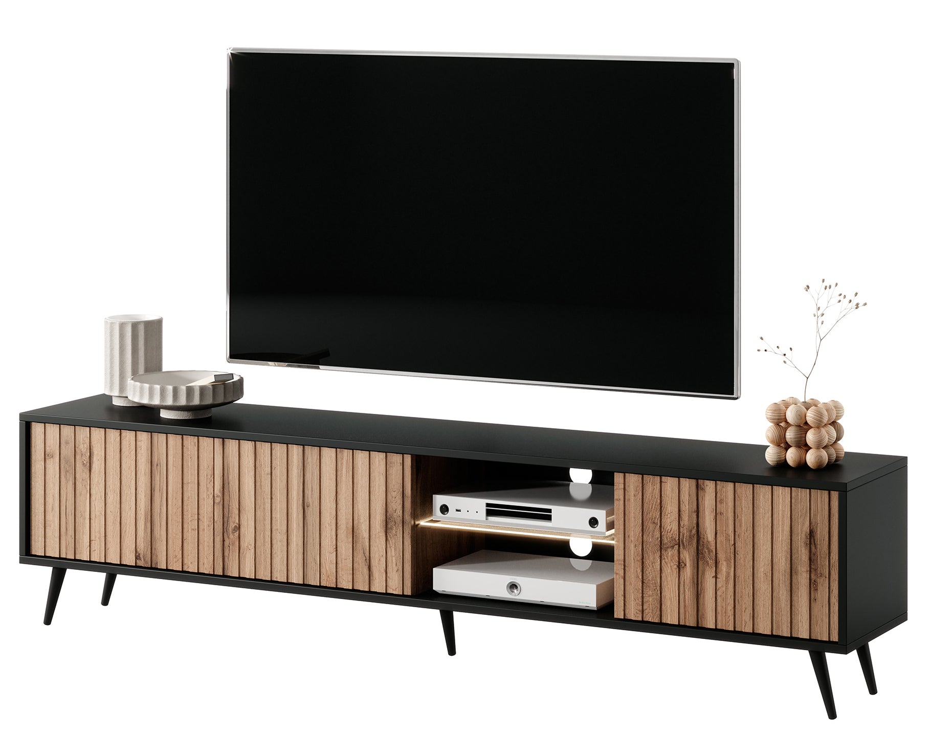 TV-Schrank Bello mit Lamellenfronten 175 cm schwarz/Wotan-Eiche mit LED