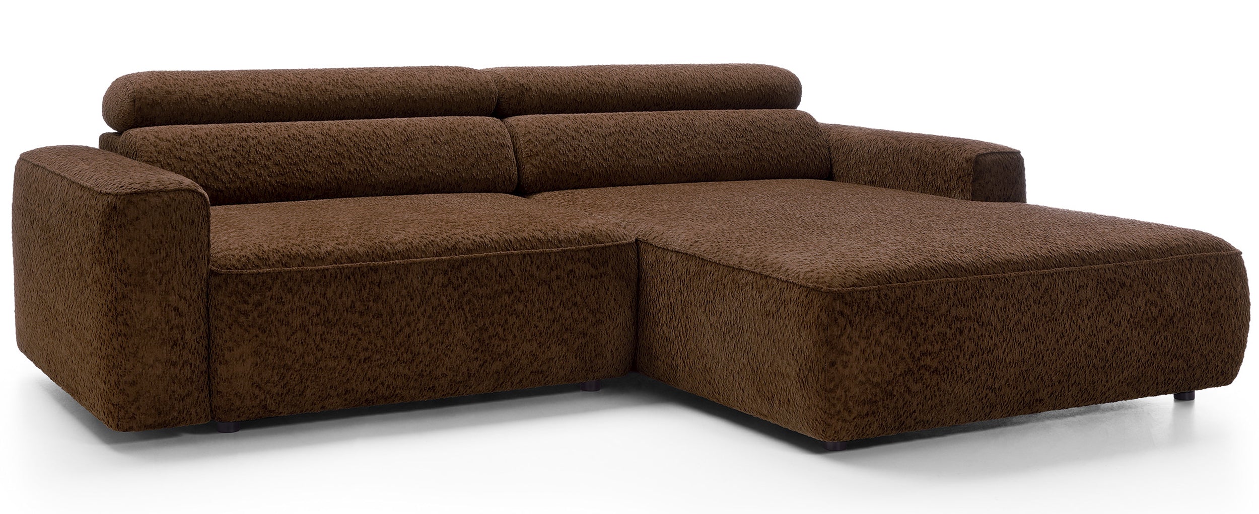 Ecksofa Fando mit elektrisch ausziehbarem Sitz, L-förmig, rechtsseitig, brauner Chenille-Bezug