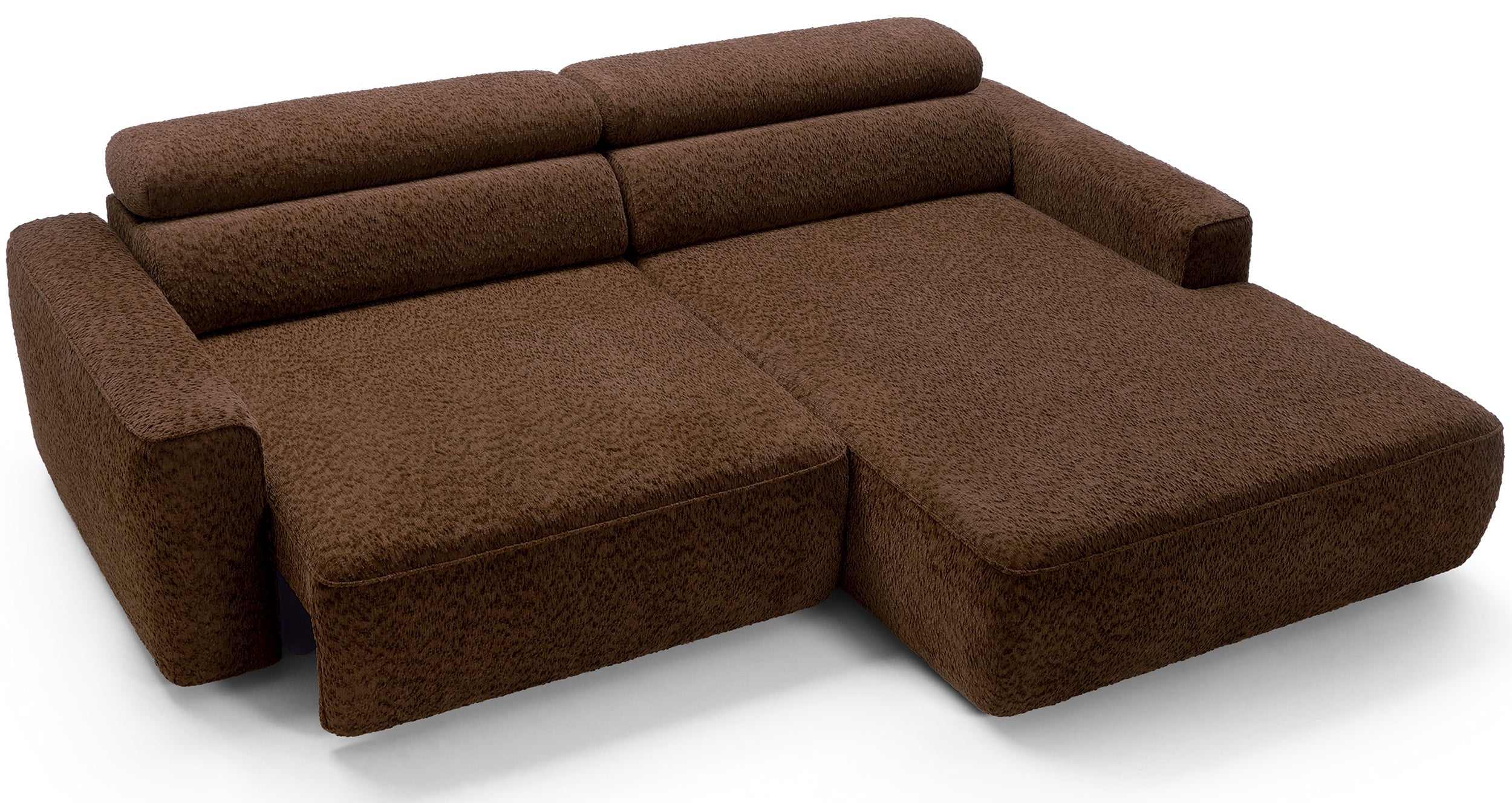 Ecksofa Fando mit elektrisch ausziehbarem Sitz, L-förmig, rechtsseitig, brauner Chenille-Bezug
