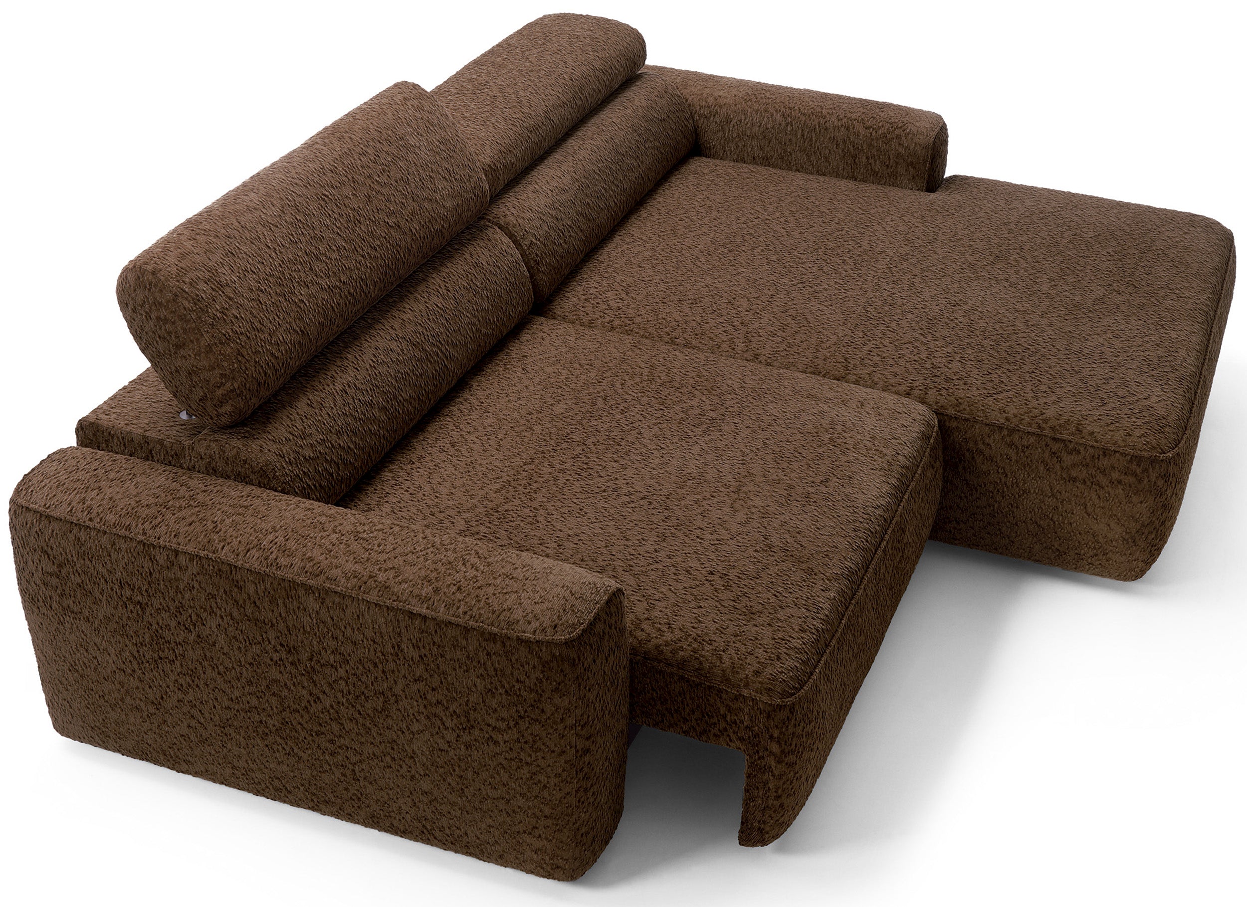 Ecksofa Fando mit elektrisch ausziehbarem Sitz, L-förmig, rechtsseitig, brauner Chenille-Bezug